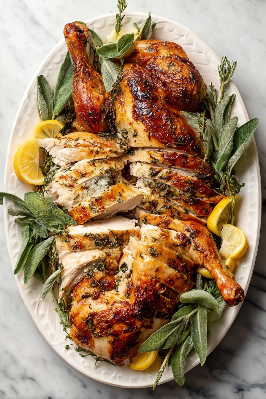 Herb Butter Roast Turkey, Herb Butter Turkey, Juicy Roast Turkey, Herbed Turkey Recipe, Holiday Turkey - A white oval plate sits on a white marbled surface, holding a cooked whole chicken sliced into thick pieces. The chicken skin is golden brown with a slightly crispy texture and visible herbs cooked into the surface. Two large legs, one at the top center and one at the bottom center of the plate, remain whole with browned skin. The breast and thigh meat in the middle are sliced in even layers, showing tender white meat inside. Around the chicken, fresh green herbs like sage and thyme are scattered, along with wedges of bright yellow lemon that add a fresh look. photo taken with an iphone --ar 2:3 --v 7