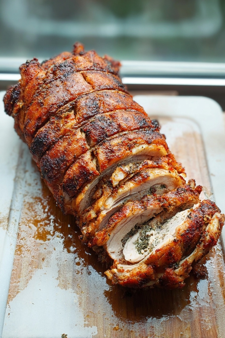 Fennel Pork Porchetta, Fennel Pork Recipe, Herb-Infused Pork Roast, Crispy Pork Belly with Fennel, Gourmet Pork Main Dish - The image shows a rolled and roasted meat log sliced into several pieces. The outer layer is crispy and golden brown with a textured crust, while the inner layers reveal well-cooked, juicy meat with a mix of white and pinkish shades, and some herbs visible inside. The slices are neatly arranged on a wooden board with some meat juices pooling around them. The background is softly blurred with a bright light source coming from behind. photo taken with an iphone --ar 2:3 --v 7