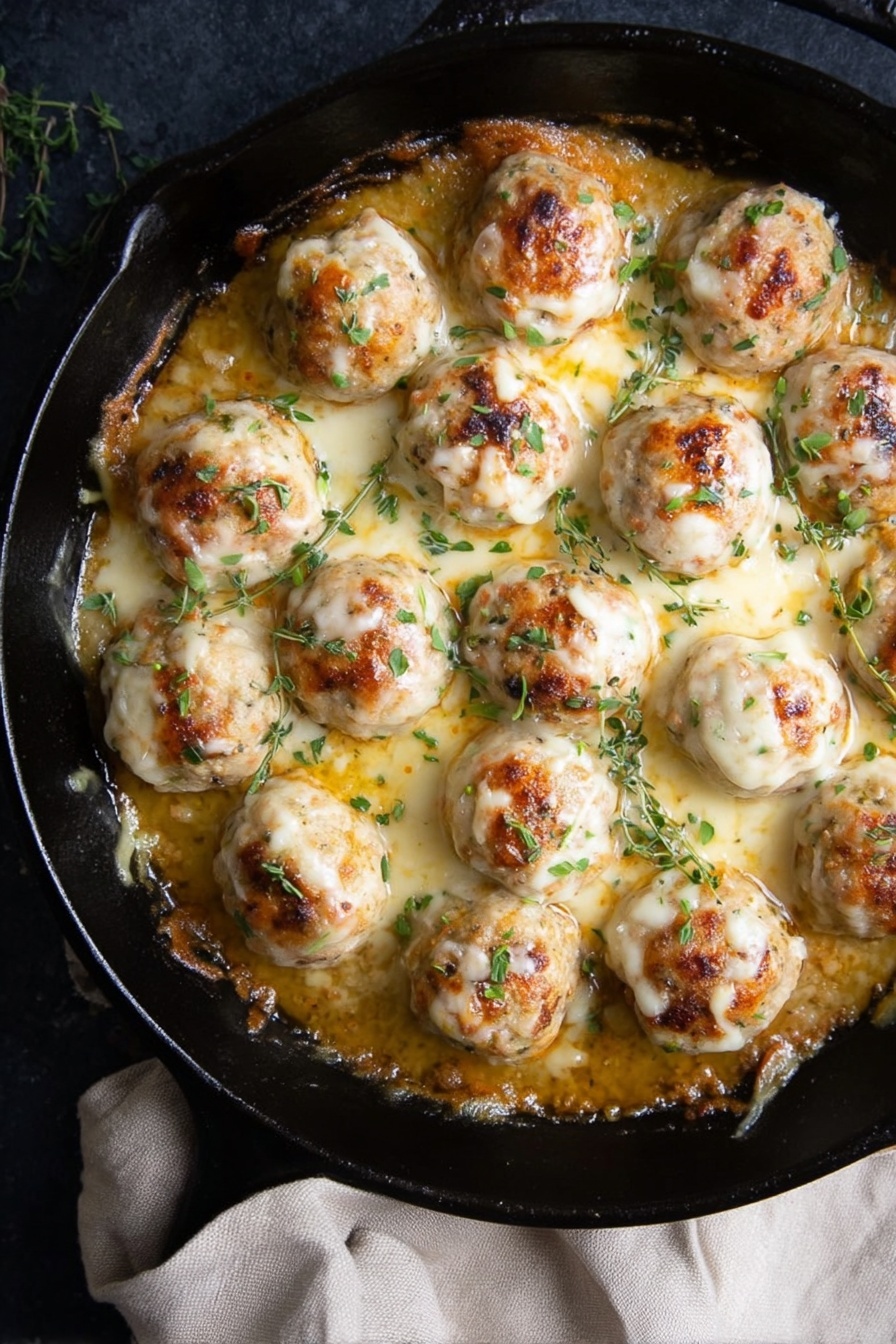 French Onion Chicken Meatballs Skillet, French onion chicken meatballs, savory chicken meatball skillet, caramelized onion chicken recipe, cheesy chicken meatballs - A black cast iron skillet filled with a golden brown broth with melted cheese spread around the edges. Inside the skillet, there are fifteen round, white-topped meatballs arranged closely together, each sprinkled with small green herb leaves. The meatballs have slightly browned spots and a smooth, creamy cheese layer on top with a soft texture beneath. The skillet sits on a dark surface with a beige cloth partially visible underneath. Photo taken with an iphone --ar 2:3 --v 7