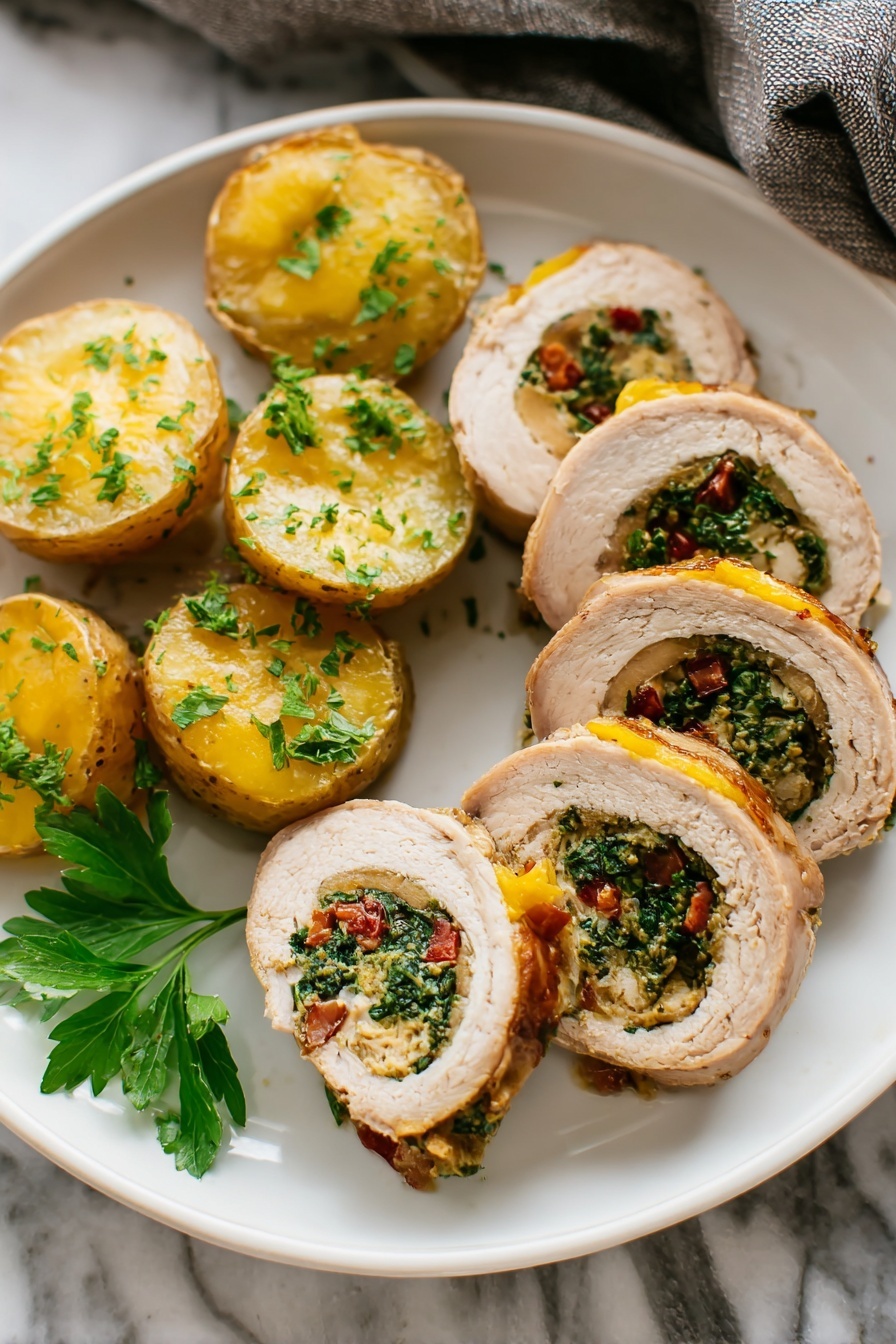 Stuffed Pork Tenderloin, Stuffed Pork Tenderloin recipe, pork tenderloin stuffed with spinach and sun-dried tomatoes, easy stuffed pork recipe, elegant pork dinner - A white plate holds five slices of rolled meat arranged in a loose circle on one side, each slice showing a spiral of light brown meat wrapped around a colorful filling of green leafy vegetables and small bits of red, with melted yellow cheese inside. On the other side of the plate, there are six golden-brown roasted potato rounds speckled with green herbs, with a sprig of fresh flat green parsley placed beside them. The plate is placed on a white marbled surface, and part of a gray cloth is visible in the background. photo taken with an iphone --ar 2:3 --v 7