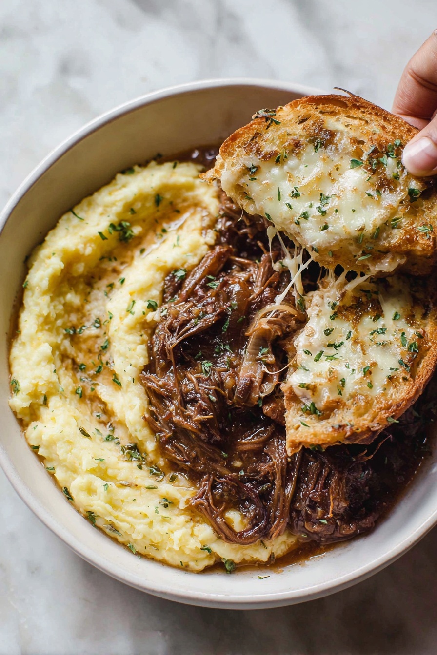 French Onion Pot Roast, French Onion Soup Pot Roast, savory pot roast with caramelized onions, easy French onion pot roast, comforting meat recipes - A white bowl on a white marbled surface holds three main layers of food. On the left side is a thick, smooth yellowish mashed dish, textured lightly with small lumps and bits of herbs. On the right side, there is a dark brown shredded meat dish covered in a rich, glossy sauce with visible herbs and small pieces of onion. Two pieces of toasted bread sit on top of the meat near the center of the bowl; each piece is covered with melted, slightly browned cheese. A woman's hand lifts one bread slice, showing stringy cheese and meat on its surface. Photo taken with an iphone --ar 2:3 --v 7