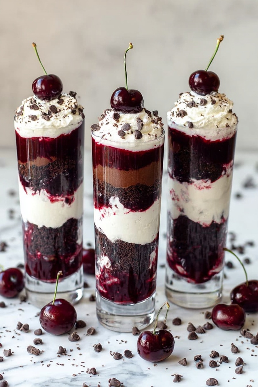 Black Forest Trifle Cherry Compote Cake Layered Dessert Rich Chocolate - Three tall clear glasses stand side by side on a white marbled surface, each filled with four visible layers from bottom to top: a dark brown cake layer, a thick deep red cherry sauce, a white cream layer, and again a dark brown cake layer. On top of each glass, there is a final layer of white cream sprinkled with small dark chocolate chips and finished with a single dark cherry with stem placed in the center. Scattered around the glasses on the white marbled surface are loose dark chocolate chips and several whole dark cherries with stems. The photo taken with an iphone --ar 2:3 --v 7