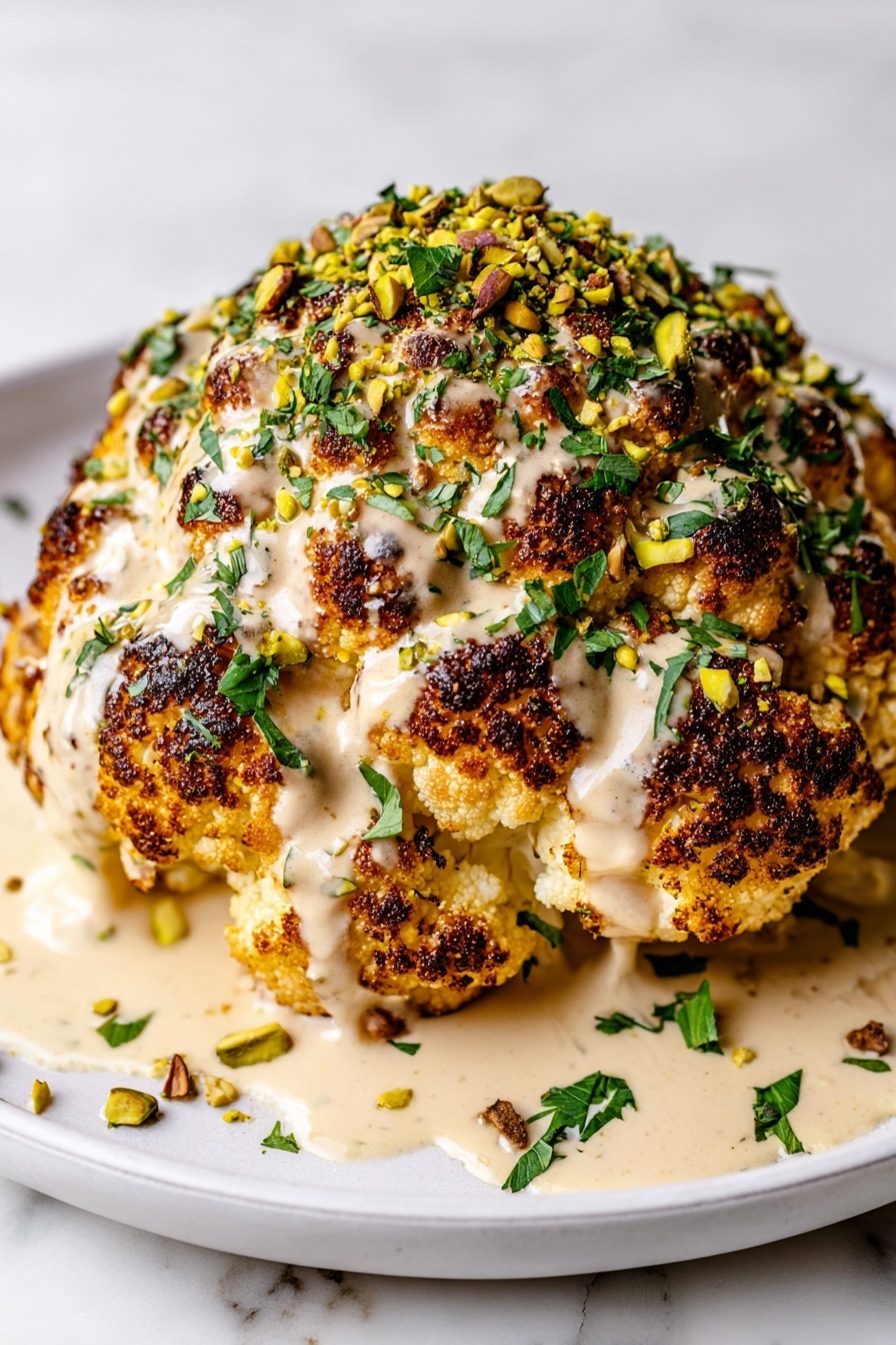 Roasted Cauliflower with Tahini Sauce, roasted cauliflower with tahini, tahini cauliflower dish, healthy roasted cauliflower, flavorful cauliflower recipe - A whole roasted cauliflower with a golden brown, slightly charred surface sits in the center of a white plate on a white marbled texture. It is covered with a creamy light beige sauce that drips down the sides, and topped with chopped green herbs and crushed pistachios, adding a touch of green and brown texture. Some sauce drops and herb pieces are scattered around the plate near the base of the cauliflower, giving a fresh and inviting look. Photo taken with an iphone --ar 2:3 --v 7