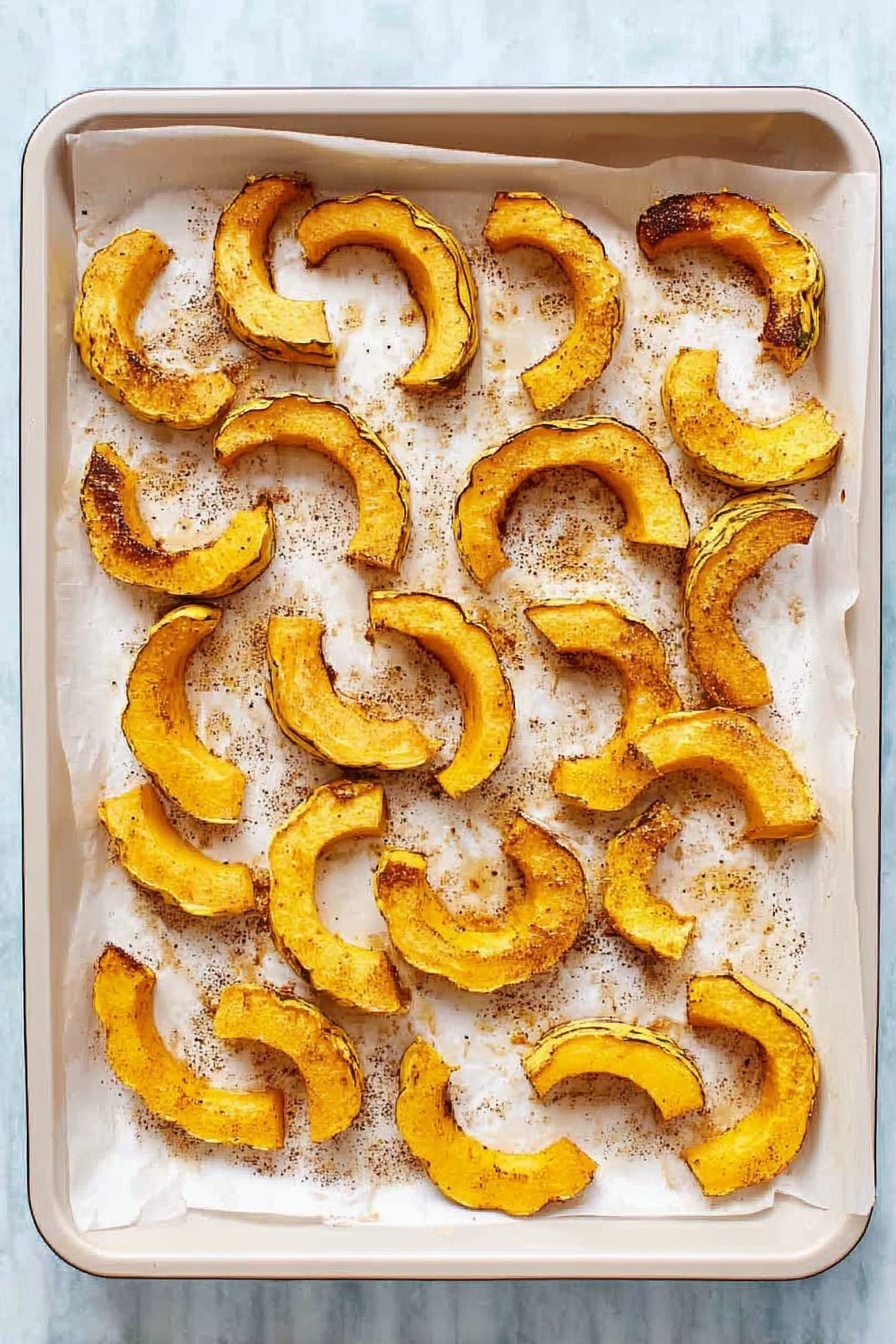 Roasted Delicata Squash, delicata squash side dish, easy squash recipes, fall vegetable recipes, healthy roasted squash - The image shows a white baking tray lined with parchment paper, filled with roasted slices of delicata squash spread out evenly. The squash pieces are crescent-shaped with a golden yellow color, some edges browned and slightly crispy. The surface of the tray has small specks of seasoning and oil, giving a roasted and textured look. The white marbled background contrasts softly with the warm colors of the squash. photo taken with an iphone --ar 2:3 --v 7
