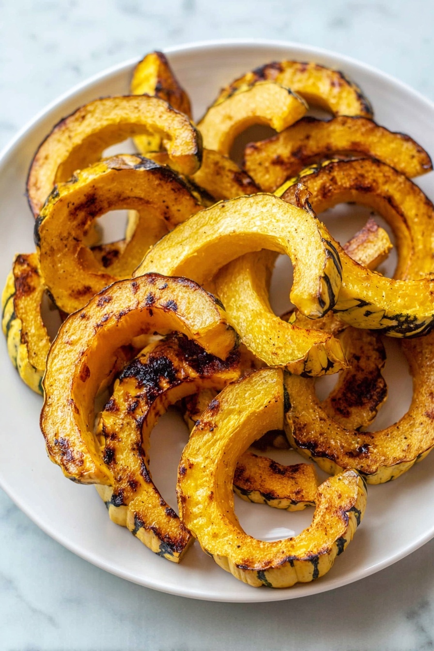 Roasted Delicata Squash, delicata squash side dish, easy squash recipes, fall vegetable recipes, healthy roasted squash - A white plate is filled with several slices of roasted delicata squash, arranged in a casual pile. Each slice has a curved crescent shape with a yellow-orange color and browned, slightly charred edges. The texture looks soft yet slightly crisp on the outside, with dark grill marks and some blackened spots scattered across the smooth surfaces. The plate sits on a white marbled background that contrasts with the warm tones of the squash. photo taken with an iphone --ar 2:3 --v 7