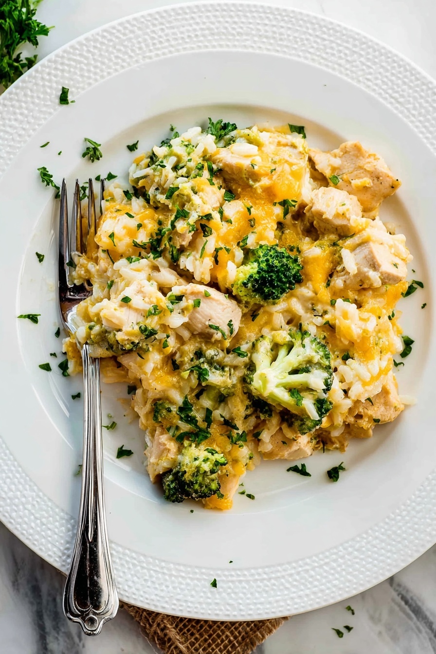 Cheesy Chicken Broccoli Rice Bake, easy chicken casserole, creamy broccoli rice bake, weeknight comfort food, 30-minute dinner - The dish is served on a white plate with a textured rim. It has one main layer featuring pieces of cooked chicken, small bright green broccoli florets, and creamy yellow melted cheese mixed with rice. The food looks soft and warm with fresh green chopped herbs sprinkled on top. A shiny silver fork rests on the left side of the plate. The plate sits on a white marbled surface. photo taken with an iphone --ar 2:3 --v 7