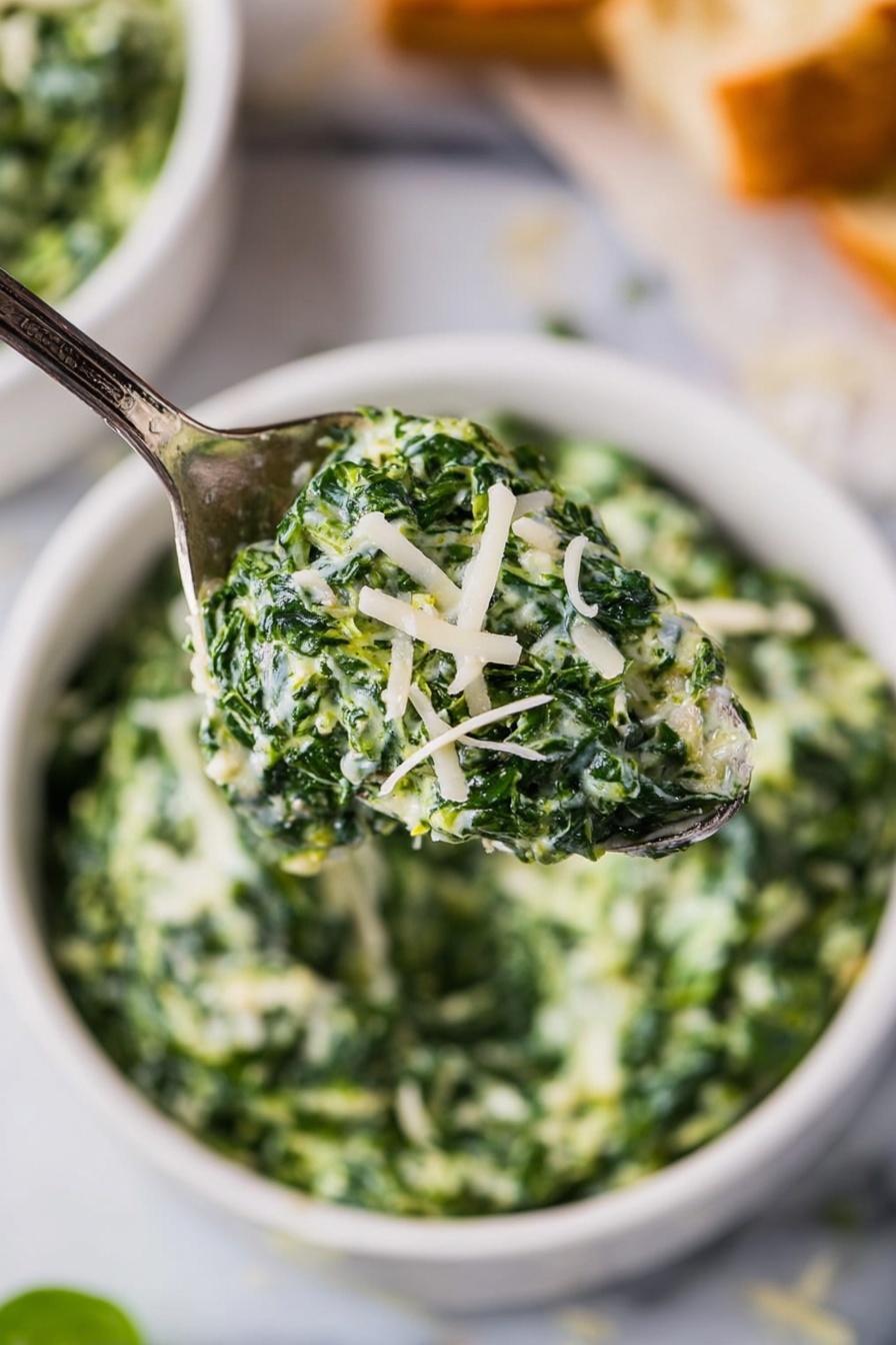 Creamed Spinach, Creamed Spinach Side Dish, How to Make Creamed Spinach, Easy Creamed Spinach Recipe, Creamed Spinach with Cheese - The image shows a spoon holding a creamy green spinach mixture with small curls of white cheese sprinkled on top. Below the spoon, there is a white bowl filled with the same creamy spinach, and the bowl sits on a white marbled surface. Around the bowl, there are blurred out pieces of bread in the background, adding a warm brown color contrast to the green and white of the spinach dish. The textures of the spinach are soft and creamy with bits of shredded cheese visible. Photo taken with an iphone --ar 2:3 --v 7