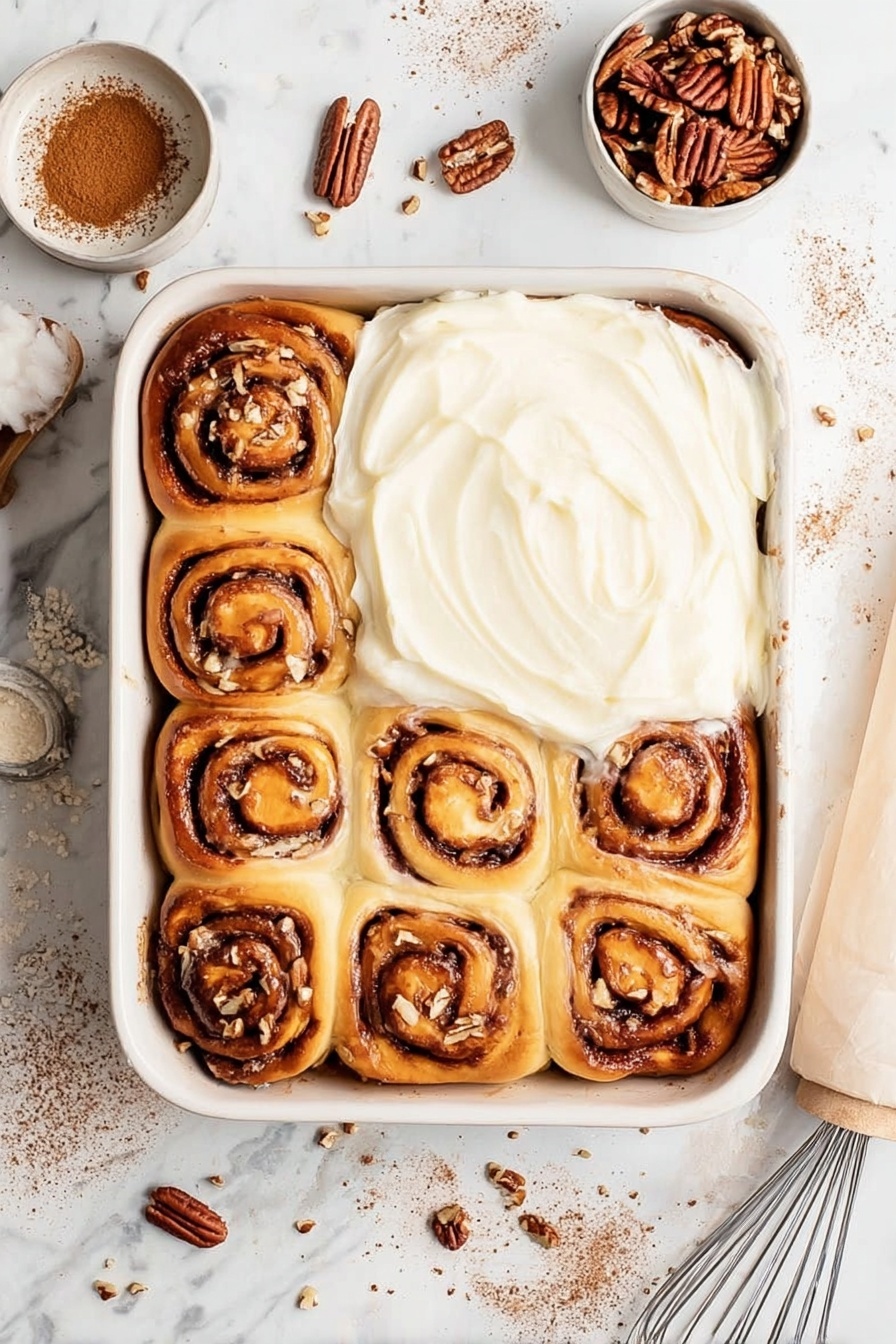 Soft Apple Cinnamon Rolls, apple cinnamon rolls, easy cinnamon roll recipe, homemade apple cinnamon buns, bakery-style cinnamon rolls - A white square pan filled with nine golden-brown cinnamon rolls with a spiraled shape and bits of nuts inside, arranged in three rows and three columns. The rolls cover the entire pan, with a large smooth layer of creamy white frosting spread on the bottom left half of the rolls, while the top and right side remain unfrosted, showing the shiny cinnamon filling. The pan sits on a white marbled surface sprinkled lightly with flour and cinnamon powder. Small bowls of cinnamon powder and pecans are placed at the top right and top left corners, along with a metal whisk and a dough roller partially visible on the bottom right. Photo taken with an iphone --ar 2:3 --v 7