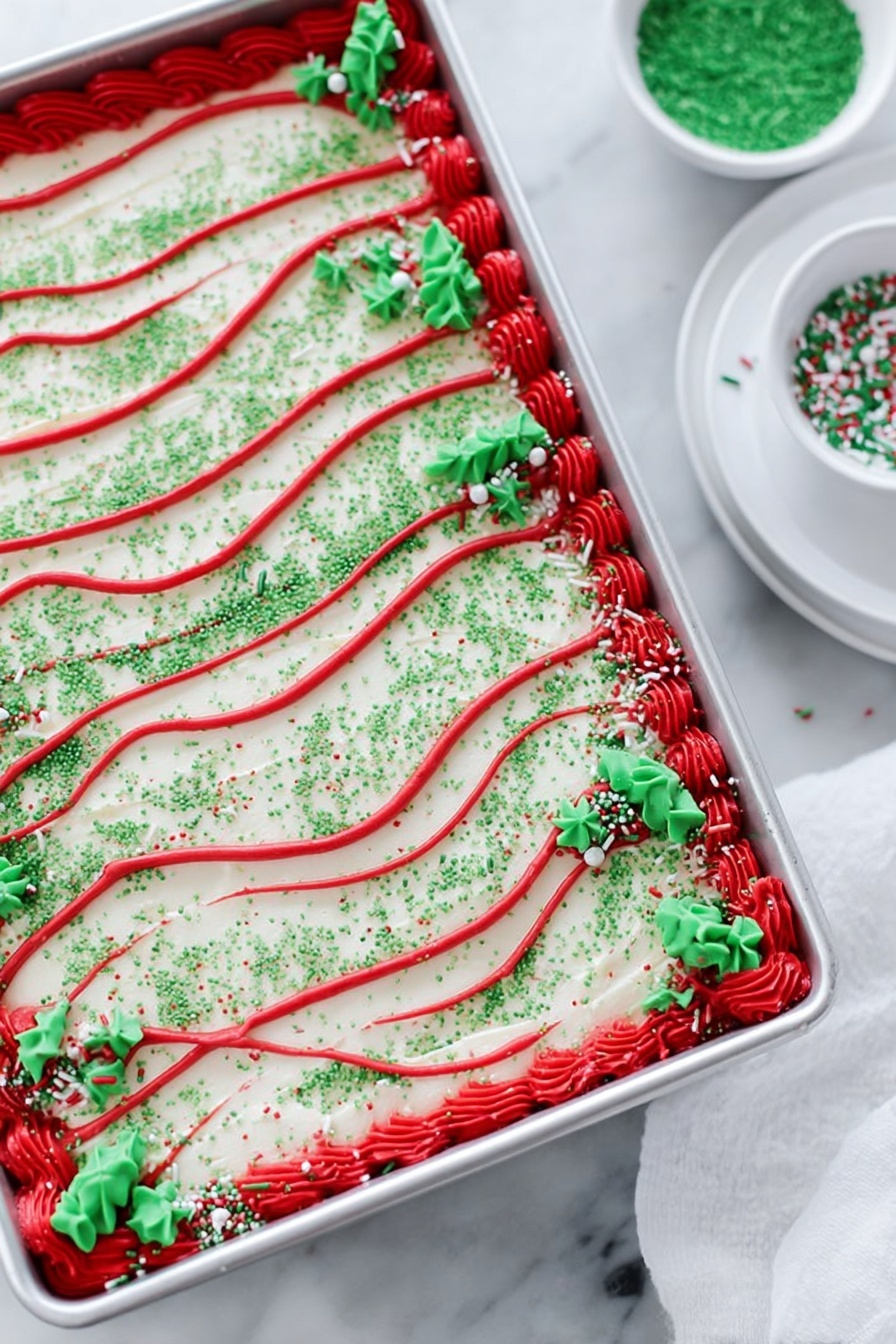 Christmas Tree Sheet Cake with White Chocolate Frosting, festive holiday cake, Christmas dessert, white chocolate cake recipe, holiday sheet cake - The image shows a rectangular cake in a metal pan with a smooth white frosting base covered with fine green sprinkles. The cake has a border made of thick, bright red piped icing around the edges, decorated with small green tree-shaped sprinkles and thin red, white, and green rod sprinkles. Wavy lines of the same bright red icing run across the top of the cake, evenly spaced and parallel. The cake sits on a white marbled surface next to a small white bowl filled with green sprinkles and a white plate partly visible. Photo taken with an iphone --ar 2:3 --v 7