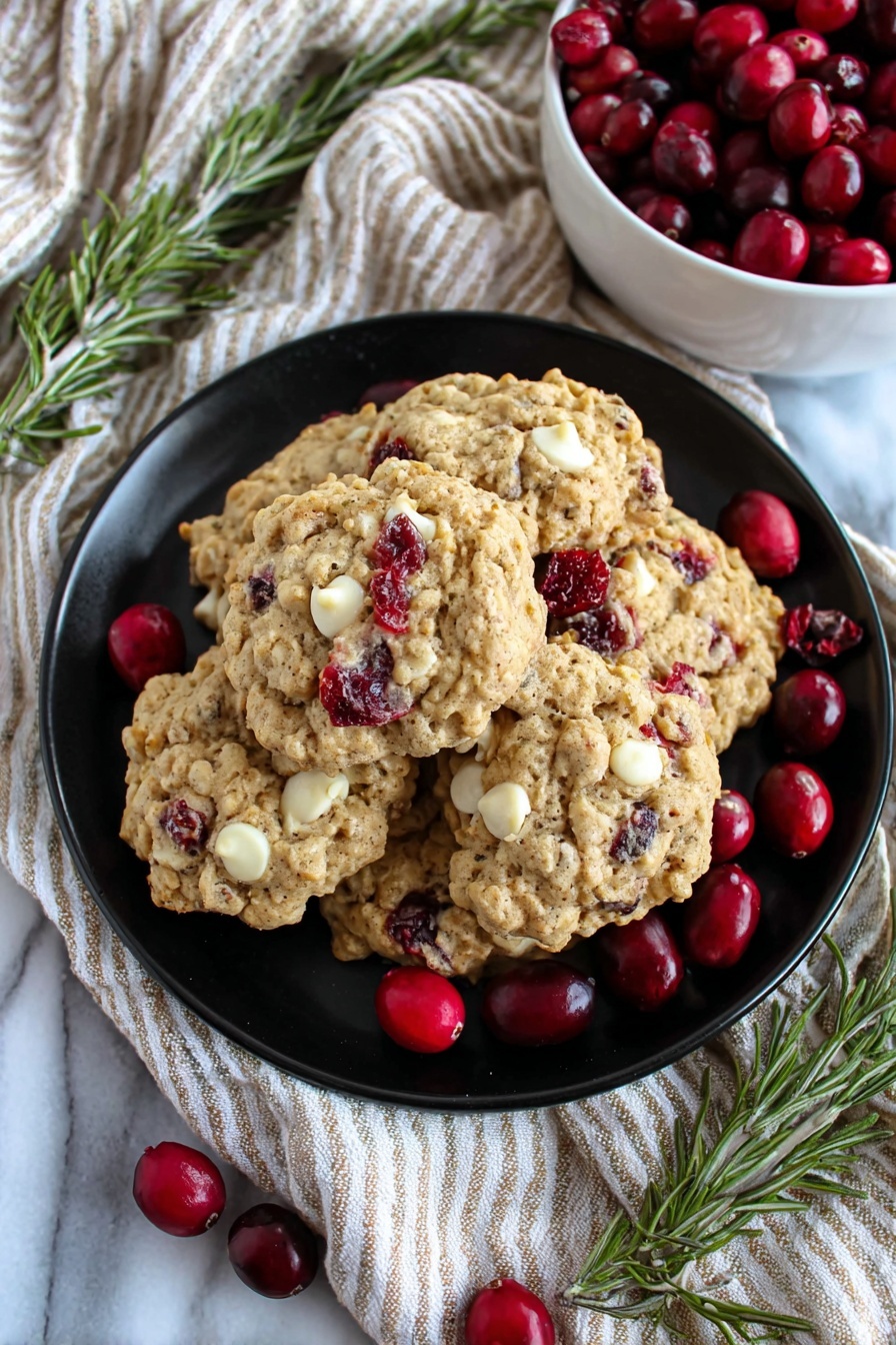 Cranberry Oatmeal Cookies, cranberry oatmeal cookie recipe, chewy cranberry cookies, festive oatmeal cookies, easy cranberry cookies - A black plate holds a pile of oatmeal cookies mixed with white chocolate chunks and red cranberries, with a few fresh cranberries placed on the plate around the cookies. The plate is set on a white marbled surface surrounded by a beige and white striped cloth. In the background, part of a white bowl filled with fresh cranberries is visible, and in the foreground, green rosemary branches with scattered cranberries add a fresh touch. The photo taken with an iphone --ar 2:3 --v 7