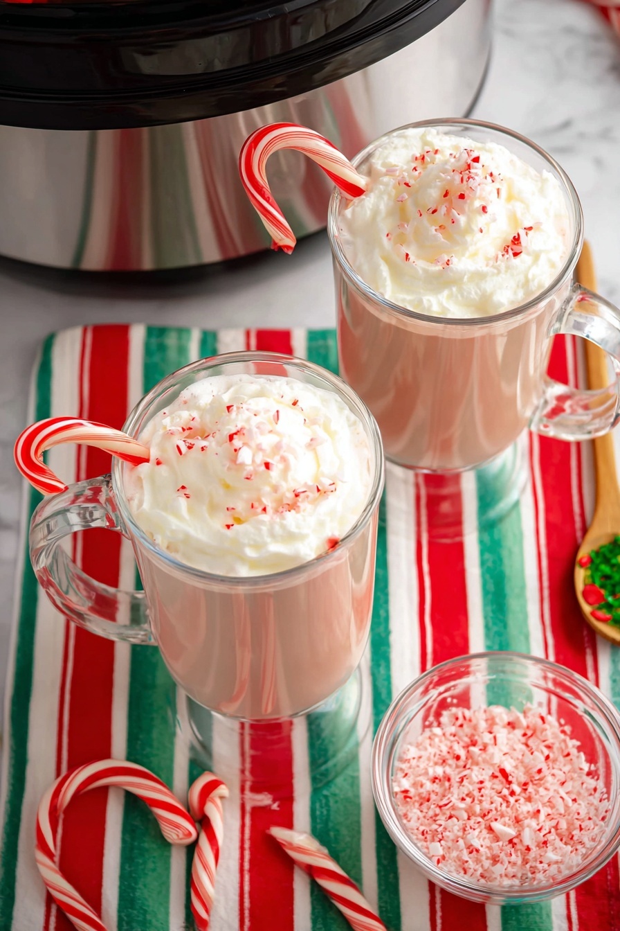 Candy Cane White Hot Chocolate, White Hot Chocolate with Candy Canes, Festive Holiday Hot Chocolate, Easy Slow Cooker Hot Chocolate, Minty Winter Hot Chocolate - Two tall clear glass mugs filled with a light brown drink topped with thick white whipped cream sprinkled with small red and white crushed peppermint pieces. Each mug has a red and white striped candy cane hanging on the rim. The glasses sit on a white marble surface covered with a red, green, and white striped cloth. There is a small clear bowl full of crushed peppermint pieces and a wooden spoon with a green and red festive handle nearby. A slow cooker with a shiny silver outer edge and dark interior is partially visible at the top of the image. Two whole candy canes are arranged in a heart shape on the striped cloth near the mugs. Photo taken with an iphone --ar 2:3 --v 7