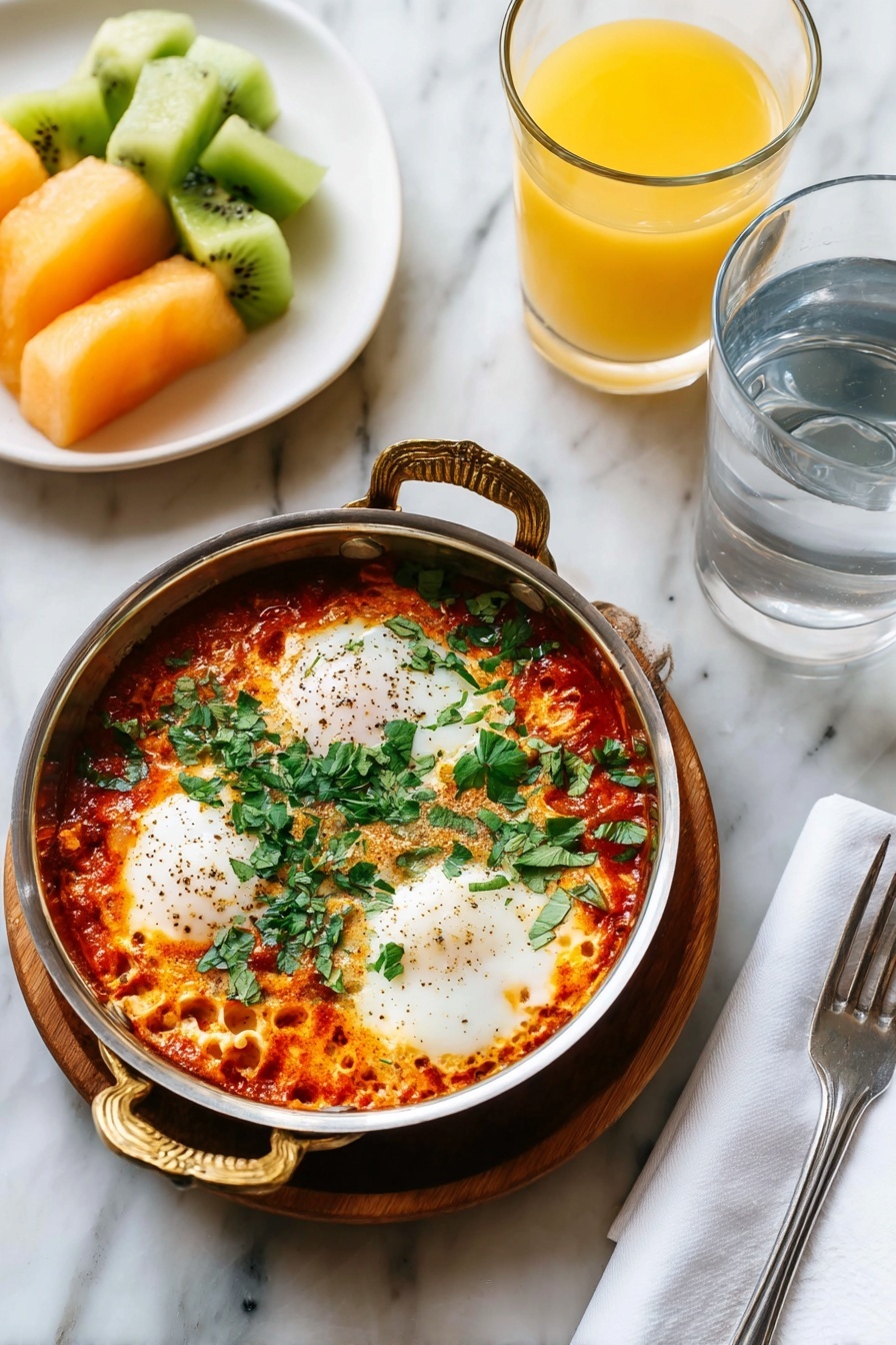 Easy Shakshuka, shakshuka with eggs, Middle Eastern egg dish, spicy tomato shakshuka, brunch egg recipes - A small round metal pan with brass handles sits on a wooden base, filled with a rich, chunky red tomato sauce layered with three soft white poached eggs speckled with black pepper, topped with scattered green chopped parsley. Nearby, a white plate holds slices of bright orange, pale green honeydew melon, and green kiwi, adding fresh color contrasts. To the right of the pan, there is a clear glass of water and a clear glass of bright yellow orange juice, set on a white marbled surface with a folded white napkin and a silver fork beside them. Photo taken with an iphone --ar 2:3 --v 7