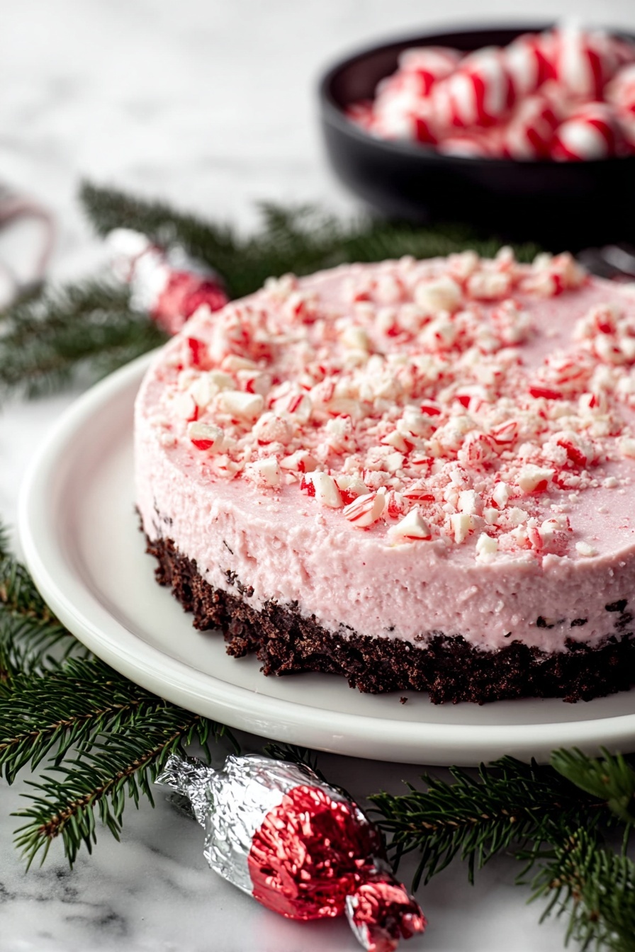 No Bake Peppermint Pie, peppermint dessert, easy holiday desserts, festive no-bake pies, Christmas peppermint treat - The image shows a round dessert on a white plate, placed on a white marbled surface. The dessert has two visible layers: the bottom layer is a dark brown, crumbly crust, and the top layer is thick, light pink with a creamy, slightly rough texture. The top is scattered with small pieces of crushed red and white candy, giving it a textured, colorful look. Surrounding the plate are green pine needles, adding a festive touch, with a silver and red wrapped candy in the foreground and a black bowl filled with red and white-striped candies blurred in the background. Photo taken with an iphone --ar 2:3 --v 7