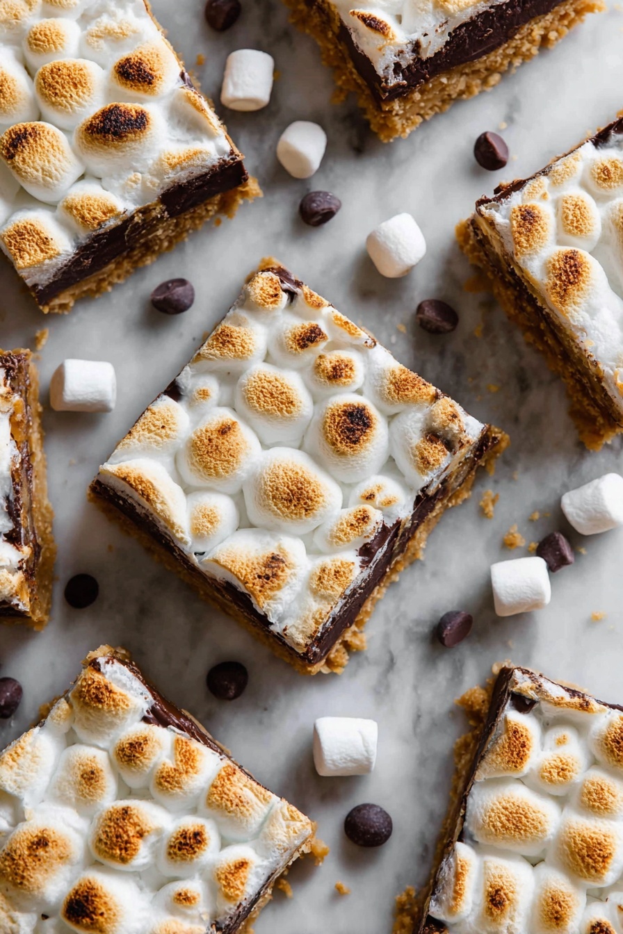 Chocolate S'mores Bars, S'mores Bars Recipe, Easy S'mores Bars, No-Bake S'mores Bars, Chocolate Marshmallow Bars - The image shows several square dessert bars arranged on a white marbled surface. Each bar has three visible layers: a crumbly, golden brown base at the bottom, a thick middle layer of melted dark chocolate, and a top layer of toasted marshmallows that are puffed and golden with light browning on the edges. Scattered around the bars are some whole marshmallows and chocolate chips adding to the scene. The dessert pieces are neatly cut with clear edges, showing the distinct layers clearly photo taken with an iphone --ar 2:3 --v 7