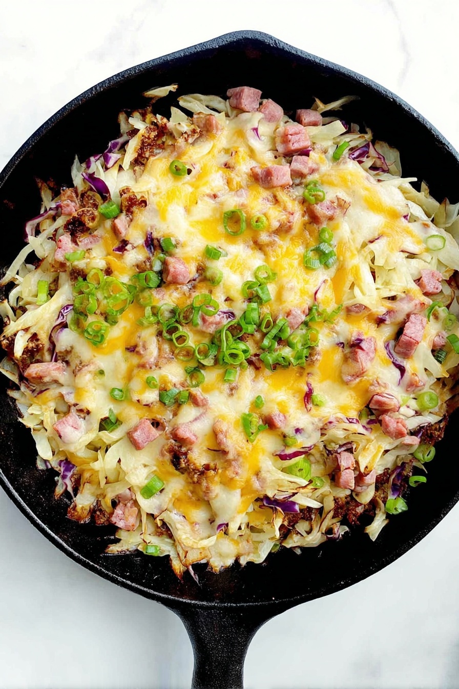 Keto Reuben Bowl with Corned Beef, low-carb Reuben bowl, keto sandwich alternative, easy keto meal, healthy Reuben-inspired dish - A black cast iron pan filled with a layered dish that has a base of shredded white and purple cabbage, topped with small pieces of pinkish cooked meat, and melted patches of cheddar and mozzarella cheeses scattered evenly across the surface. Bright green chopped spring onions are sprinkled on top, adding contrast. The texture looks soft and gooey with the melted cheese blending into the cabbage and meat. The pan rests on a white marbled surface. photo taken with an iphone --ar 2:3 --v 7