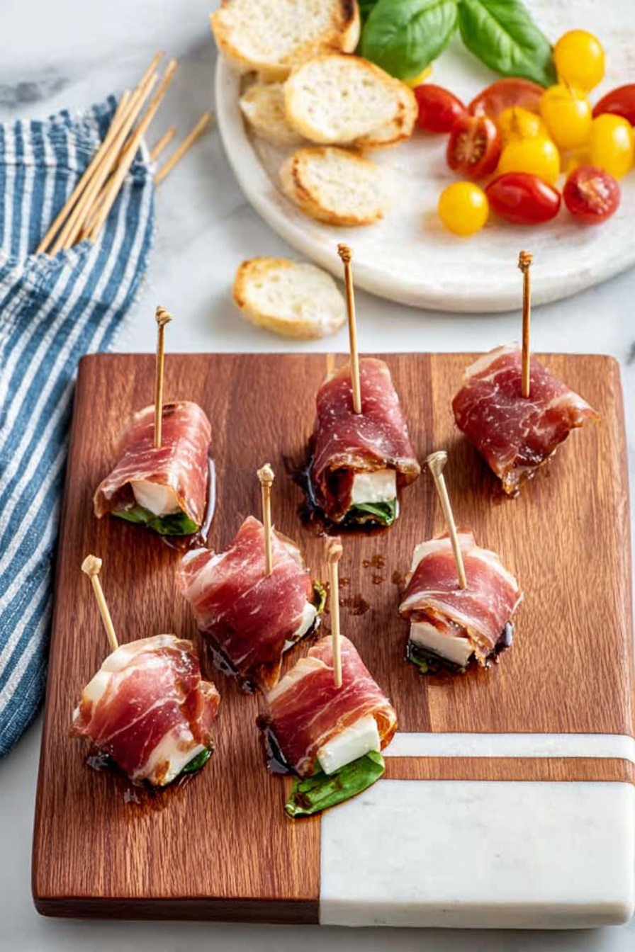 Prosciutto Mozzarella Bites with Basil, prosciutto appetizer, mozzarella appetizer, basil appetizer, easy prosciutto bites - The image shows a wooden cutting board with several thin slices of pink prosciutto piled on the left side. On the right side of the board, there are two small appetizer pieces, each with a square white base layer topped with a green layer and wrapped with a thin slice of prosciutto, held together by a small toothpick with a looped top. The cutting board is placed on a white marbled surface. Part of a white bowl with small white round items is visible in the top left corner, and a white bowl with green leaves is in the top right corner. A woman's hand is reaching towards the board from the bottom right. Photo taken with an iphone --ar 2:3 --v 7