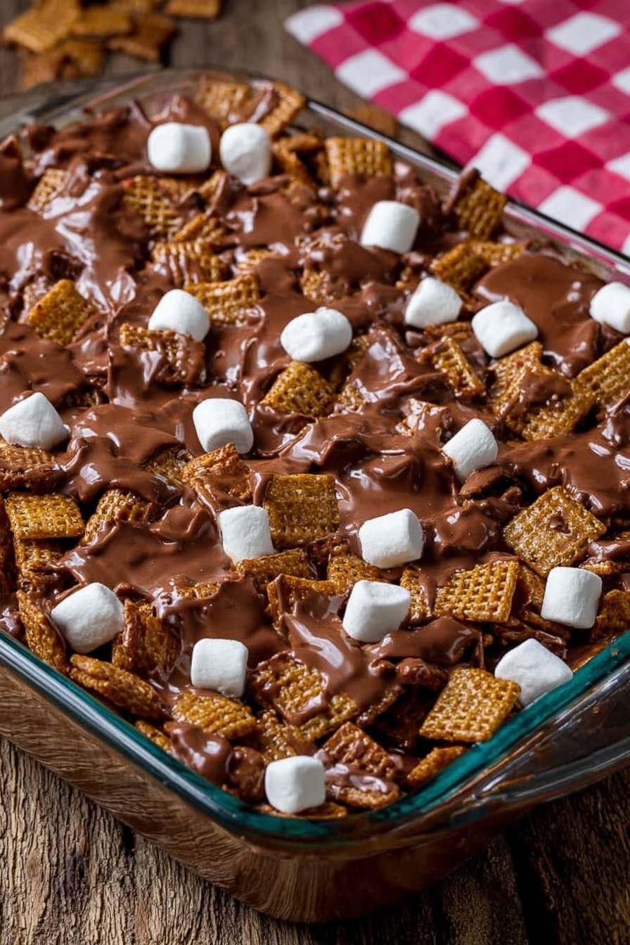 Golden Grahams S'mores Bars, s'mores bars without baking, easy s'mores dessert, no-bake cereal bars, campfire s'mores treats - The image shows a clear glass baking dish filled with a mix of square cereal pieces covered in melted milk chocolate, creating a shiny, smooth brown layer that coats the cereal unevenly. Scattered throughout the top are small, white marshmallows that stand out against the chocolate and cereal mix. The dish is placed on a rough wooden surface with a blurred red and white checkered cloth in the background. Photo taken with an iphone --ar 2:3 --v 7