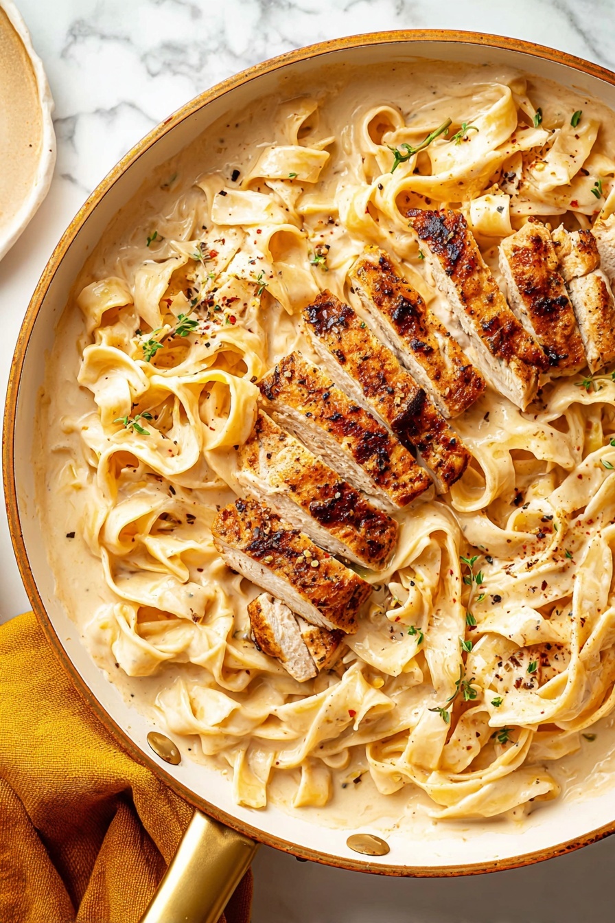 Creamy Fettuccine Alfredo with Chicken, chicken Alfredo pasta recipe, easy creamy Alfredo with chicken, homemade chicken Alfredo, comfort food chicken Alfredo - This image shows a white pan with a gold handle filled with wide flat noodles in a creamy light beige sauce, spread evenly across the pan as the bottom layer. On top, there are several thick pieces of grilled chicken, cut into strips with a browned, slightly charred crust and tender, light-colored inside. Small green herb bits and black pepper flakes are sprinkled over the noodles and chicken, adding texture and color contrast. The pan is placed on a white marbled surface, with a mustard yellow cloth partially visible on the lower left side. Photo taken with an iphone --ar 2:3 --v 7