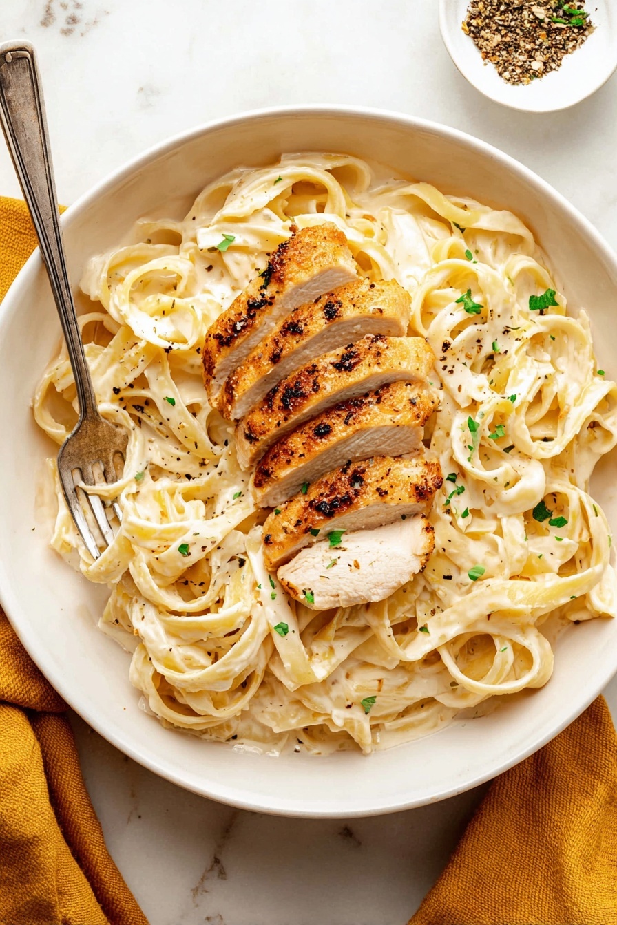 Creamy Fettuccine Alfredo with Chicken, chicken Alfredo pasta recipe, easy creamy Alfredo with chicken, homemade chicken Alfredo, comfort food chicken Alfredo - The image shows a close-up of a white bowl filled with wide, flat pasta noodles coated in a creamy, light beige sauce, speckled with small bits of green herbs. On top of the pasta, there are thick pieces of grilled chicken with a browned, slightly crispy outside and a juicy interior, arranged in scattered slices across the noodles. The noodles have a silky texture with visible seasoning of black pepper dots spread evenly. The background is a white marbled surface. photo taken with an iphone --ar 2:3 --v 7