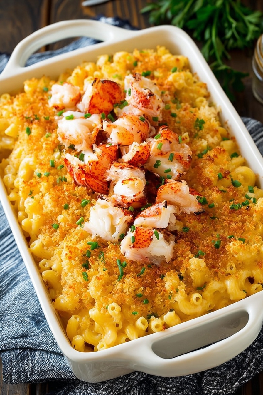 Lobster Mac and Cheese Bake, lobster pasta casserole, creamy lobster cheese dish, gourmet lobster pasta, elegant comfort food - The image shows a baked macaroni and cheese dish in a white rectangular casserole dish with two handles. The dish has three visible layers: the bottom layer is creamy, yellow macaroni pasta, the middle layer features a thick coating of golden, crunchy breadcrumb topping, and the top layer is decorated with small chunks of grilled lobster meat that are white with some charred orange-red edges. Chopped green herbs, likely chives, are sprinkled on top adding color contrast. The casserole dish is placed on a dark wooden surface with a folded blue and white striped cloth in the background, and the overall setting has a cozy and appetizing feel. The photo taken with an iphone --ar 2:3 --v 7