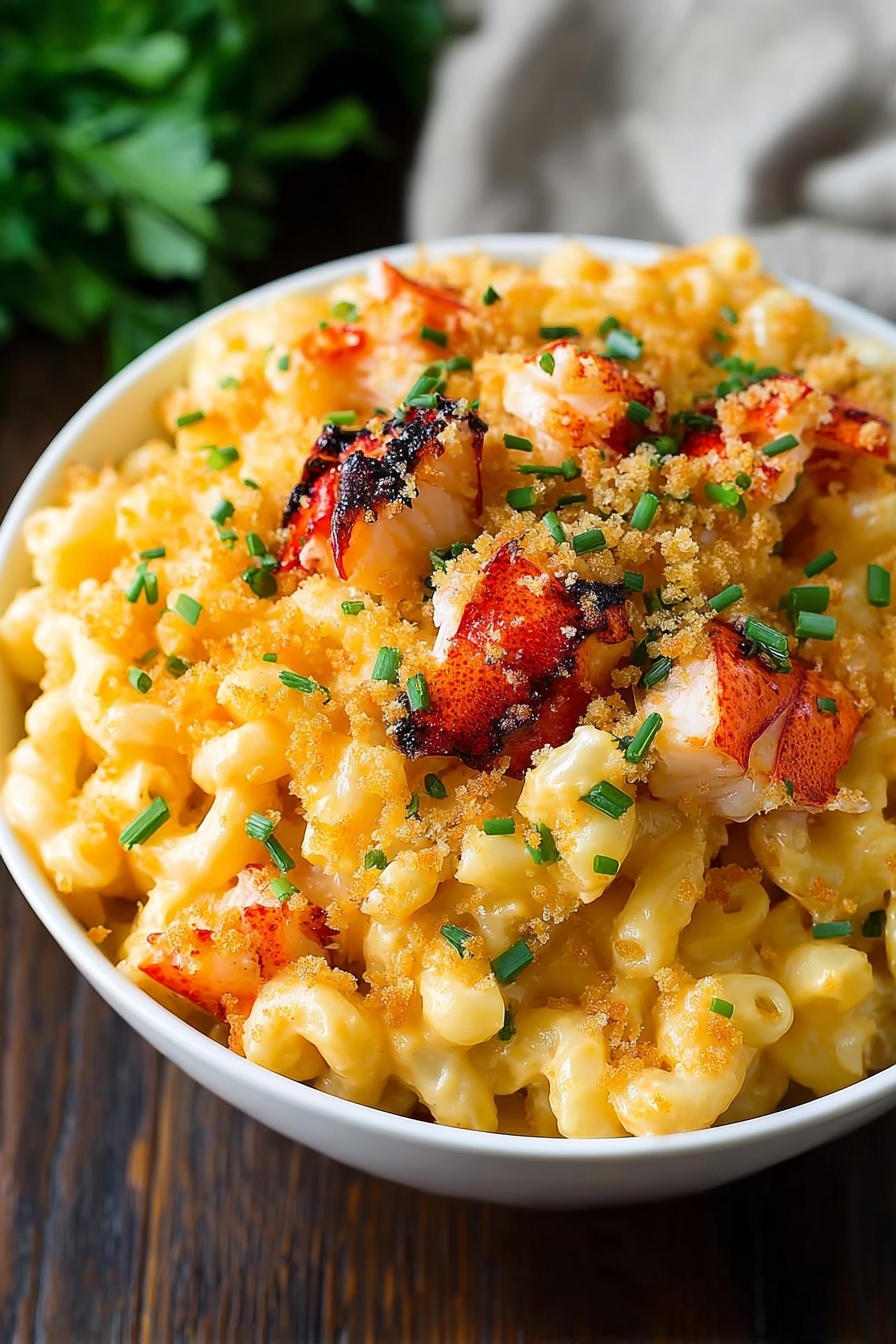 Lobster Mac and Cheese Bake, lobster pasta casserole, creamy lobster cheese dish, gourmet lobster pasta, elegant comfort food - A white bowl filled with creamy macaroni and cheese layered with bright orange cheese sauce covering the pasta thoroughly, topped with chunks of grilled lobster meat that have a slightly charred, reddish-brown outer layer. Over the lobster and pasta, there is a sprinkle of golden breadcrumbs and small pieces of fresh green chives scattered on top. The bowl is placed on a dark wooden table with a blurred piece of cloth in the background, and a green leafy herb is visible to the top left. Photo taken with an iphone --ar 2:3 --v 7