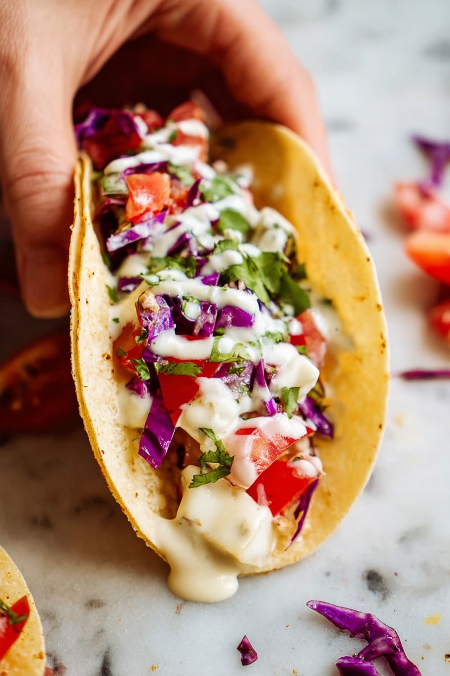 Vegan Fish Tacos with Fresh Toppings, plant-based fish tacos, vegetarian fish taco recipe, crispy vegan fish tacos, healthy vegan taco recipes - A small soft taco held by a woman's hand shows three clear layers: the bottom layer is a pale yellow soft tortilla, the middle layer consists of white cheese chunks and small pieces of red tomato, and the top layer has deep purple cabbage pieces, small green bits of cilantro, and a drizzle of creamy white sauce covering the ingredients. The taco is placed on a white marbled surface with some small scattered pieces of purple cabbage and red tomato around it. Photo taken with an iphone --ar 2:3 --v 7