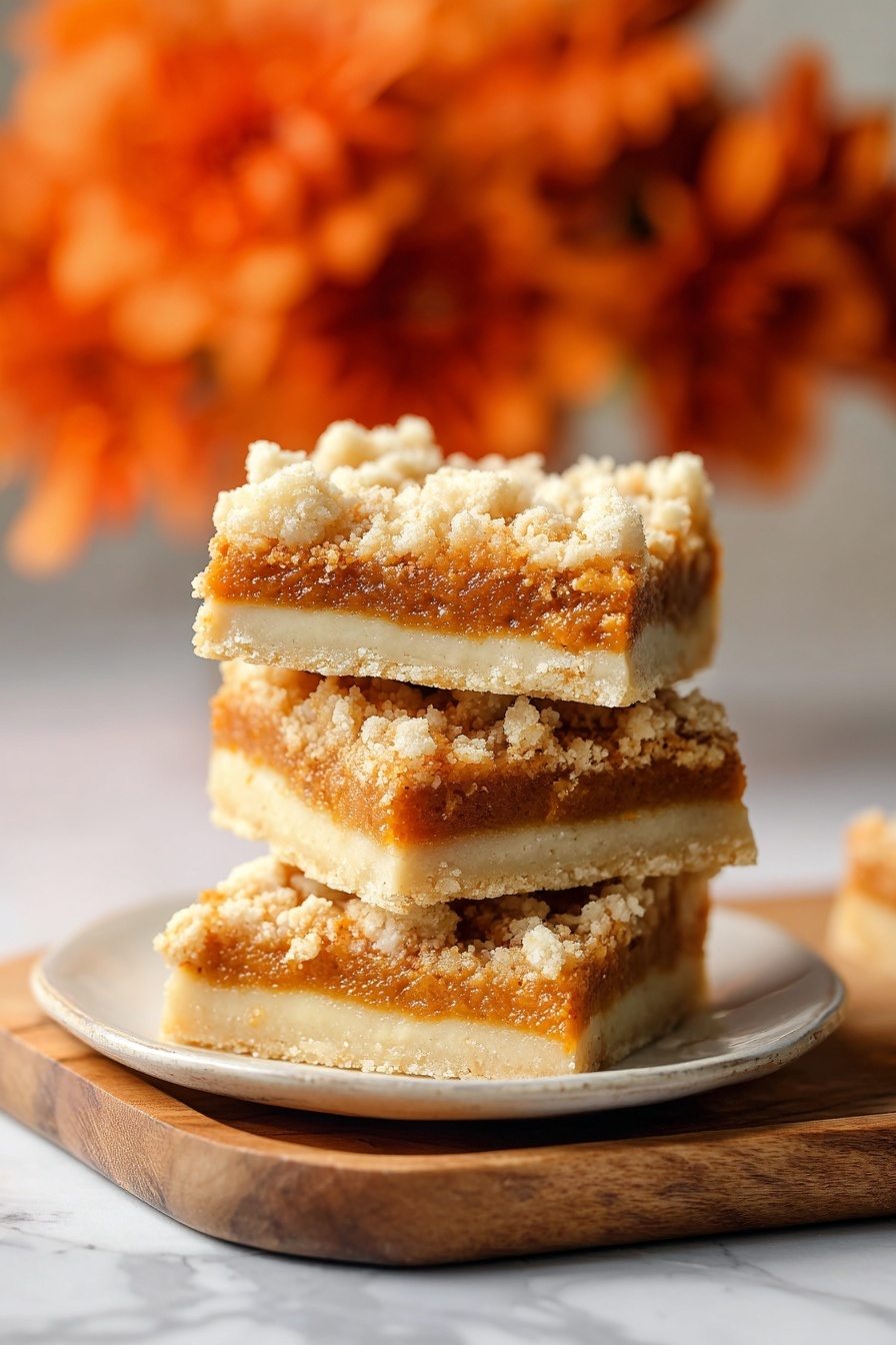 Vegan Pumpkin Crumble Bars, fall vegan desserts, plant-based pumpkin bars, dairy-free pumpkin crumble, easy vegan pumpkin treats - A stack of three square dessert bars is centered on a white plate resting on a wooden board over a white marbled surface. Each bar has three layers: the bottom layer is a pale beige crust with a smooth texture, the middle layer is a thick, rich orange filling with a slightly bumpy surface, and the top layer is a crumbly, light beige streusel with small clusters and a rough texture. In the background, there is an out-of-focus bunch of bright orange flowers creating a warm, soft look. The photo has a clear, close-up focus on the dessert bars. photo taken with an iphone --ar 2:3 --v 7