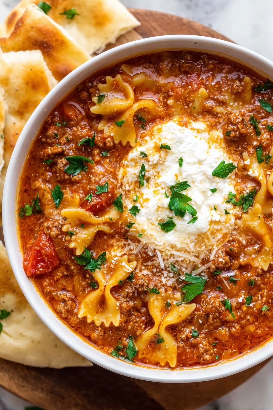 Lasagna Soup, Lasagna Soup with Pasta and Cheese, Easy Lasagna Soup Recipe, Comfort Food Dinner, Cozy Italian Soup - A white bowl filled with a thick soup made of shaped pasta in wavy edges, ground meat, and diced tomatoes in a rich reddish-brown broth, topped with a dollop of white creamy cheese and scattered green herb pieces, placed on a white marbled surface with a corner of golden brown bread visible on the side, photo taken with an iphone --ar 2:3 --v 7