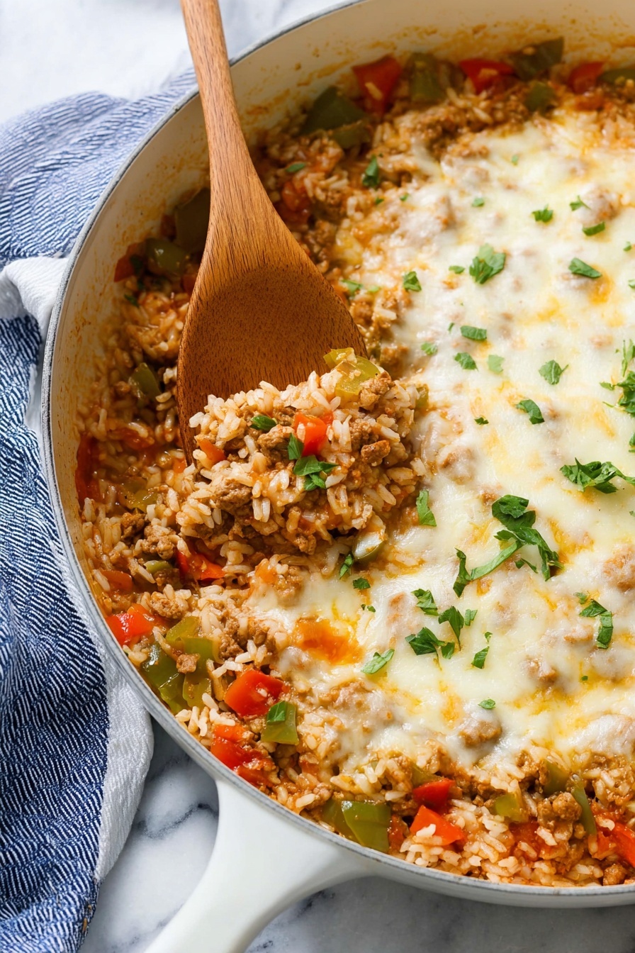 Stuffed Pepper Skillet with Sausage and Rice, stuffed pepper skillet, sausage and rice skillet, easy sausage skillet dinner, one-pan stuffed pepper dish - This image shows a white pan filled with a cooked dish made of three main layers mixed together: cooked white rice grains, small pieces of green and red bell peppers, and browned ground meat in a light reddish sauce. On top, there is a melted layer of pale yellow cheese with a soft and slightly bubbly texture that spreads unevenly across the surface. Small chopped green herbs are sprinkled on top for a fresh touch. A wooden spoon is scooping some food from the left side. The pan is placed on a white marbled surface with a blue and white cloth under its handle. photo taken with an iphone --ar 2:3 --v 7