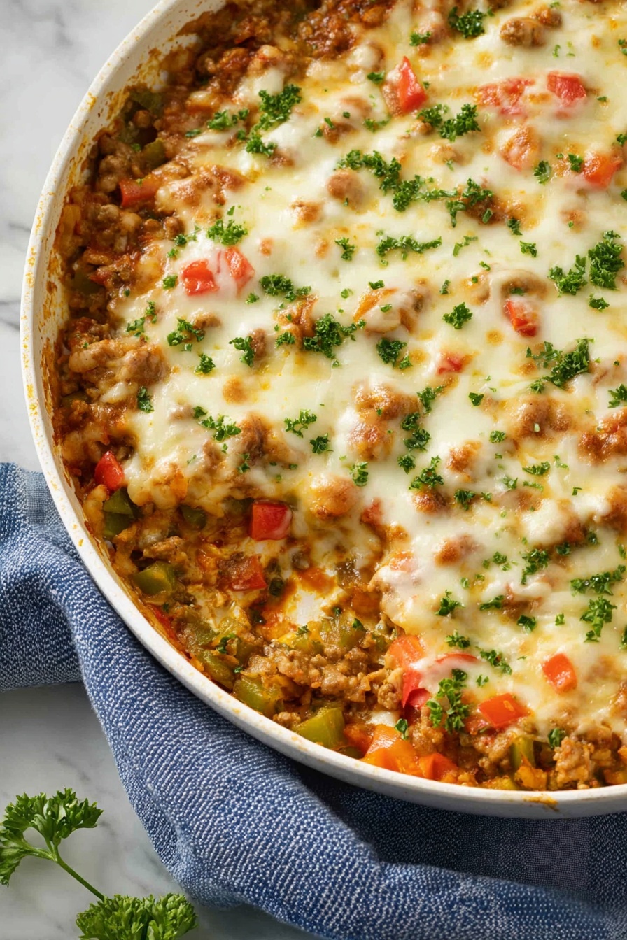 Stuffed Pepper Skillet with Sausage and Rice, stuffed pepper skillet, sausage and rice skillet, easy sausage skillet dinner, one-pan stuffed pepper dish - This dish is a baked casserole with multiple layers visible on top. The base layer is made of crumbled cooked pieces mixed with small chopped green, red, and orange vegetables, providing a vibrant and chunky texture. The top layer is melted, creamy white cheese that blankets the dish, slightly dotted with green chopped herbs spread evenly across the surface. The casserole is served in a white pan, resting on a blue and white cloth, all set on a white marbled surface. Photo taken with an iphone --ar 2:3 --v 7
