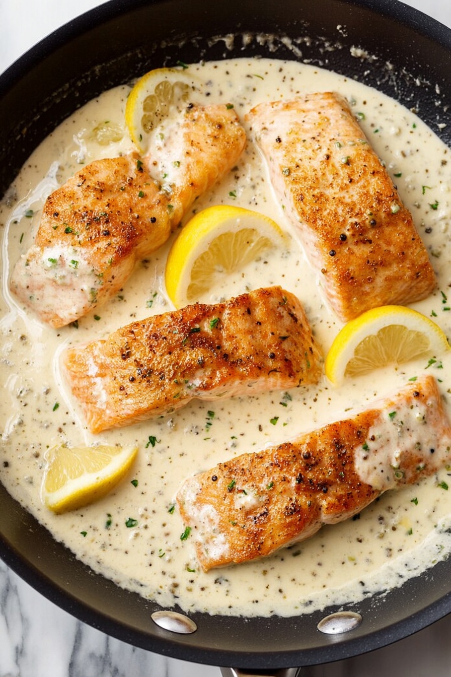Creamy Lemon Salmon, Lemon Salmon Dinner, Easy Salmon Recipes, Healthy Salmon Main Dish, Quick Seafood Recipes - Four pieces of golden-brown cooked salmon fillets lay in a black pan filled with thick, creamy white sauce speckled with green herbs and black pepper. Three slices of bright yellow lemon wedges are placed among the salmon, with one wedge resting near the edge of the pan. The sauce covers parts of the salmon, creating a smooth, rich texture. The pan sits on a white marbled surface. photo taken with an iphone --ar 2:3 --v 7