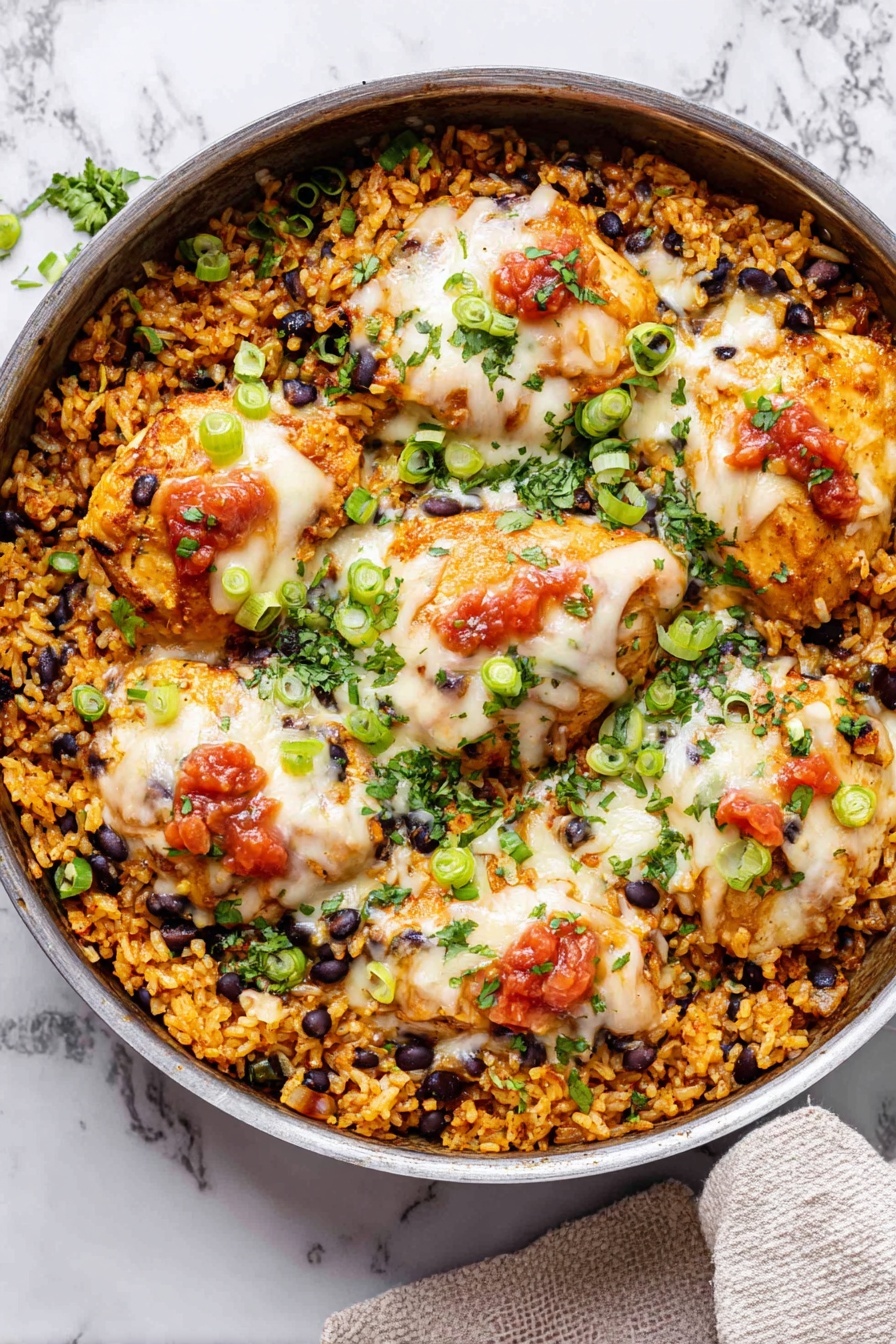 Salsa Chicken with Cauliflower Rice, healthy Mexican chicken skillet, easy low-carb dinner, quick weeknight chicken recipe, flavorful cauliflower rice dish - A round pan filled with a base layer of cooked golden-brown rice mixed with black beans and finely chopped green onions, giving it a textured, slightly moist look. On top, there are six pieces of browned chicken, each covered with melted white and yellow cheese that is slightly bubbly and stringy, with dollops of red tomato sauce scattered over the cheese. Fresh chopped green herbs and more green onion slices are sprinkled evenly across the dish, adding pops of bright green color. The pan sits on a white marbled surface with a light-colored cloth partially visible at the top right corner. Photo taken with an iphone --ar 2:3 --v 7