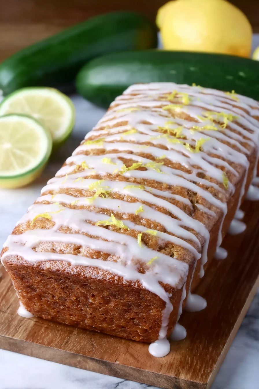 Lemon Zucchini Bread, Lemon Zucchini Bread recipe, citrus zucchini bread, moist zucchini bread, easy lemon zucchini bread - A rectangular loaf cake sits on a clear glass tray placed on a wooden board, showing a dense, slightly textured brown surface. The top is covered with a thin, white glaze drizzled unevenly in diagonal lines, with small bits of yellow zest scattered across the top. In the background on a white marbled surface, two whole green zucchinis and two lemon slices with pale yellow flesh are visible, adding a fresh contrast to the warm tones of the cake. Photo taken with an iphone --ar 2:3 --v 7