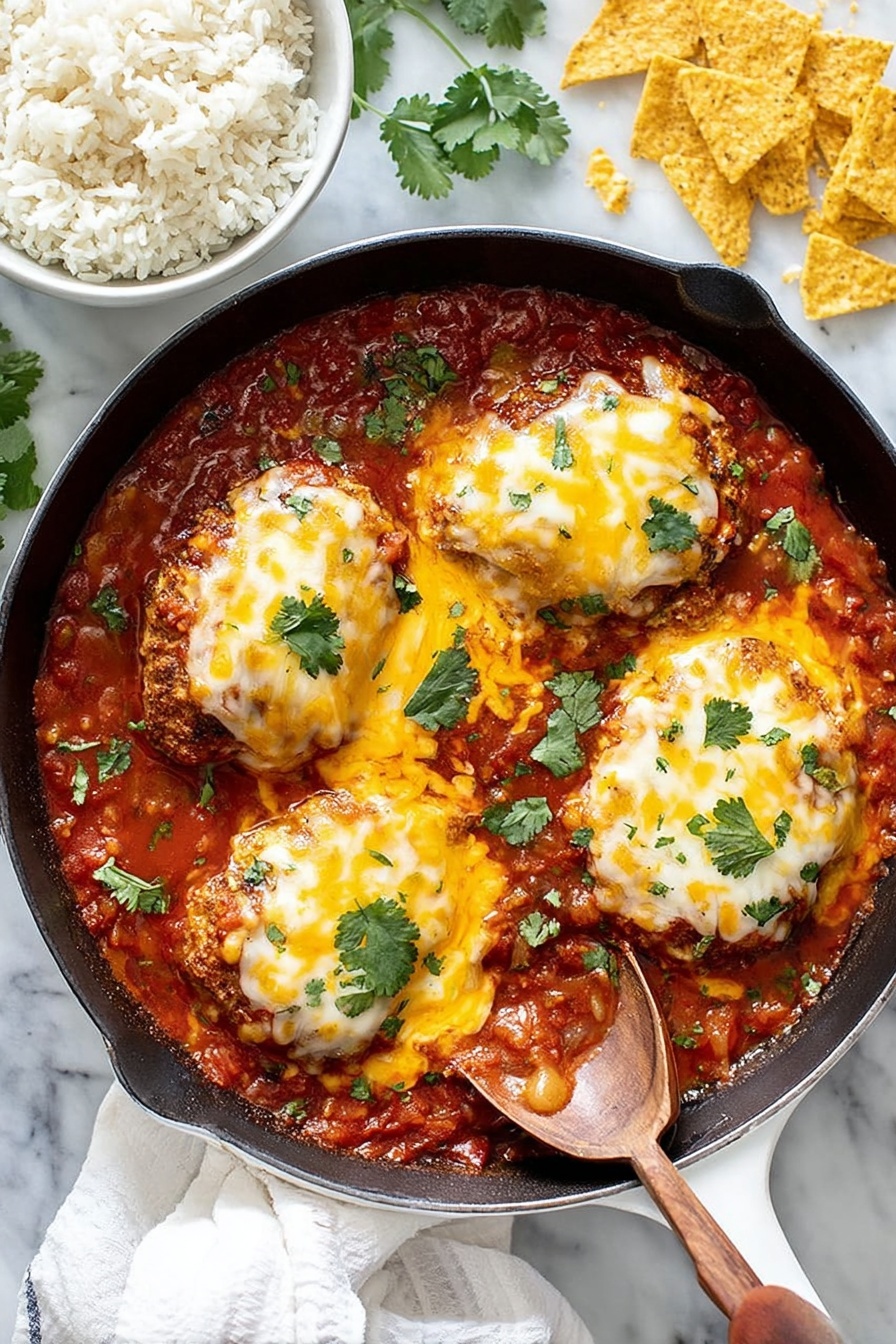 Salsa Chicken Bake, quick chicken casserole, easy dinner recipe, cheesy baked chicken, flavorful weeknight dinner - The image shows a white cast iron pan filled with four large pieces of meat covered by melted yellow and white cheese. These pieces sit in a thick, bright red tomato sauce with bits of herbs and vegetables visible. Bright green cilantro leaves are scattered on top of the cheese. A spoon with a wooden handle rests in the right side of the pan, partly covered by sauce. Nearby, a white bowl is filled with plain white rice, and to the top right, scattered crispy yellow tortilla strips add texture. The background is a white marbled surface, and a white cloth is partly visible near the pan. Photo taken with an iphone --ar 2:3 --v 7