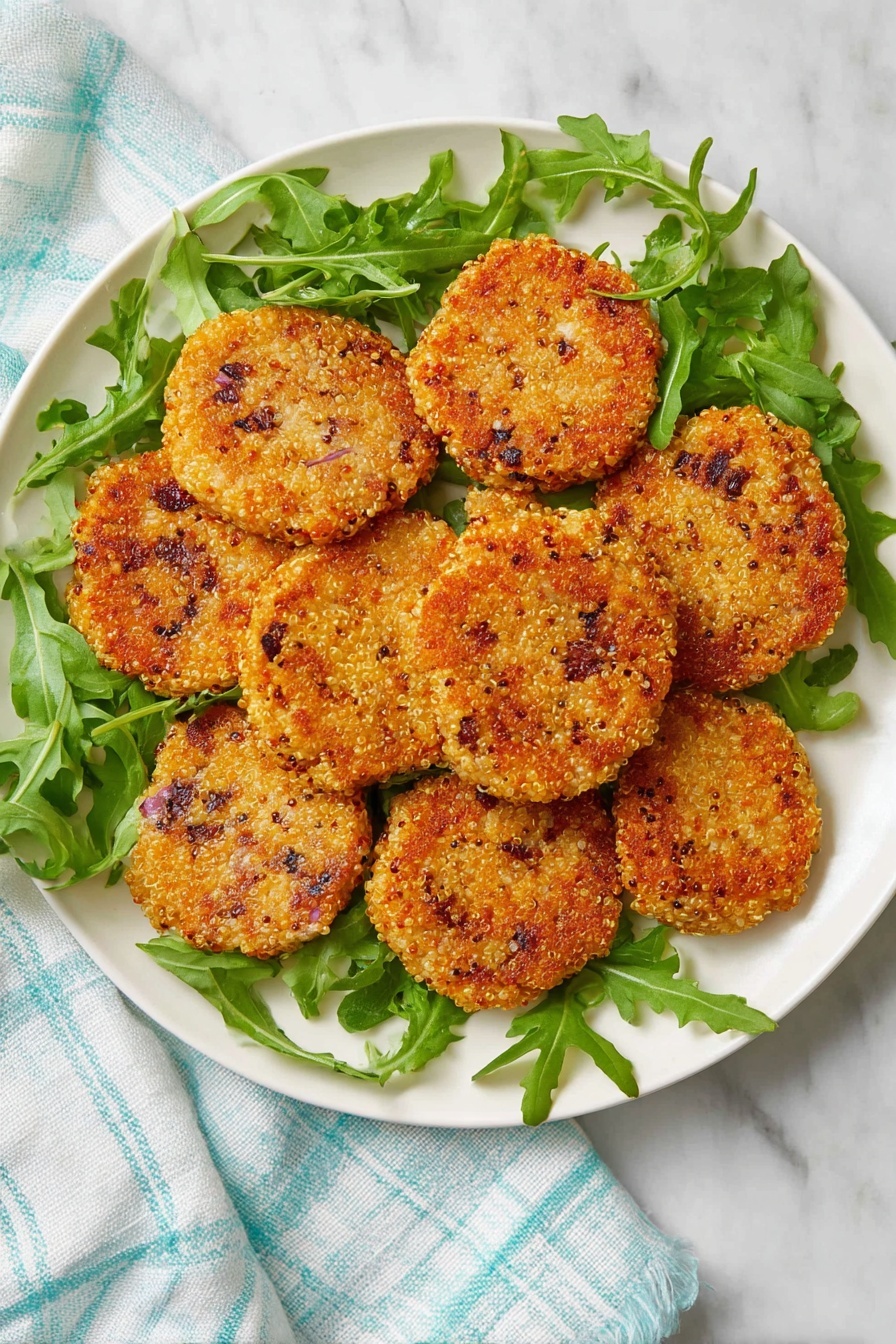 Quinoa Patties with Mozzarella, Quinoa and Mozzarella Patties, Healthy Quinoa Patties, Crispy Quinoa Snacks, Easy Vegetarian Quinoa Dish - The image shows a white plate filled with about ten golden-brown, round patties that have a crunchy, textured look with visible small bits of red onion and quinoa. The patties are arranged overlapping each other, creating a layered effect, and are surrounded by fresh, bright green arugula leaves scattered around the edges of the plate. The plate is placed on a white marbled surface with a light blue and white checkered cloth nearby, creating a fresh and simple setting. photo taken with an iphone --ar 2:3 --v 7