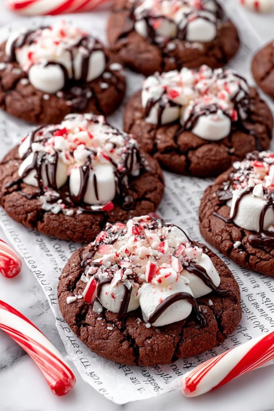 Peppermint Hot Chocolate Cookies, hot chocolate cookie recipe, festive peppermint cookies, holiday chocolate cookies, peppermint dessert ideas - The image shows seven round chocolate cookies with a soft texture, each topped with a large white marshmallow that is sprinkled with small pieces of red and white crushed peppermint candy. Dark chocolate is drizzled in thin lines over the marshmallows and cookies, adding a shiny and slightly thick texture. The cookies rest on white paper with printed text, placed on a white marbled surface, with a red and white striped candy cane on the side creating a festive look. The overall colors are dark brown, white, and red, with the cookies arranged closely but not overlapping. photo taken with an iphone --ar 2:3 --v 7
