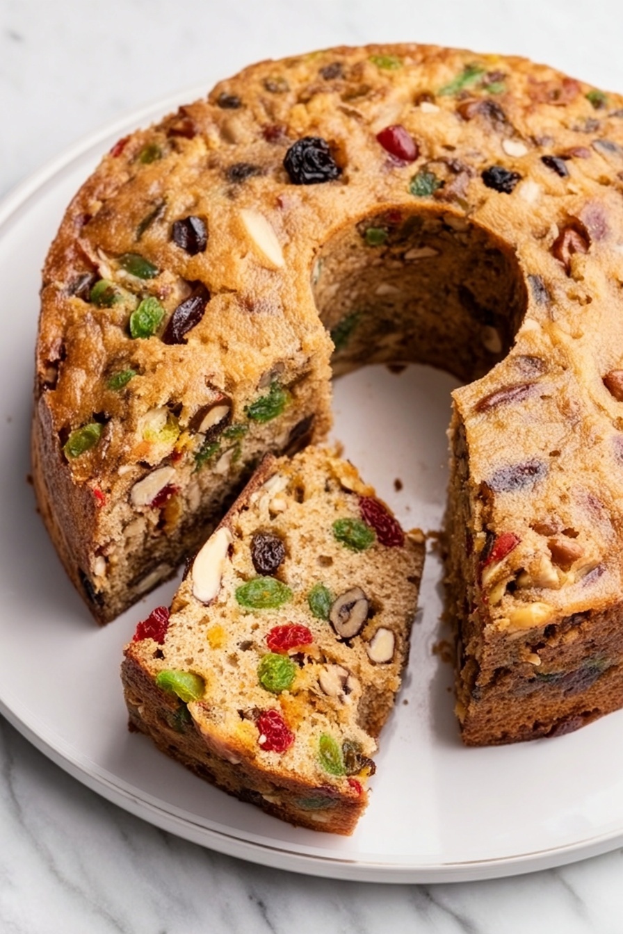 Easy Fruit Cake with Candied Fruits, fruit cake recipe, holiday fruit cake, easy festive cake, candied fruit dessert - The image shows a round fruit cake with a golden brown crust placed on a white plate on a white marbled surface. The cake is thick and studded inside with colorful red, green, and yellow candied fruits and nuts visible throughout its dense texture. Two square slices of the cake are served separately on smaller white plates, showing the same colorful pieces inside. To the left of the plates is a beige cloth with a red stripe and a gold spatula with a white handle resting on it. photo taken with an iphone --ar 2:3 --v 7