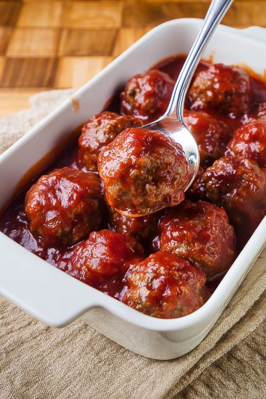 Christmas Cranberry Meatballs, holiday meatball appetizer, cranberry glaze meatballs, festive Christmas party recipes, easy holiday appetizers - A white rectangular ceramic dish filled with two layers of shiny brown meatballs covered in a rich red sauce. The meatballs are round and slightly textured, sitting close together in the dish. A large silver spoon rests inside the dish, scooping one meatball, showing the softness and the thick sauce coating it. The dish is placed on a beige woven cloth on top of a wooden surface with a grid pattern. photo taken with an iphone --ar 2:3 --v 7