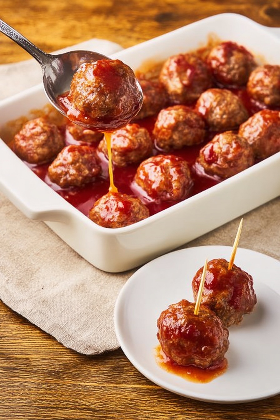 Christmas Cranberry Meatballs, holiday meatball appetizer, cranberry glaze meatballs, festive Christmas party recipes, easy holiday appetizers - The image shows a white rectangular baking dish filled with about a dozen round meatballs covered in a shiny reddish-brown sauce. A metal spoon is lifting one meatball from the dish, with sauce dripping off. To the right, on a small white plate, there are two meatballs, each covered in the same sauce, and one is pierced with a toothpick. The background is a wooden textured surface with a beige cloth napkin partly under the baking dish. photo taken with an iphone --ar 2:3 --v 7