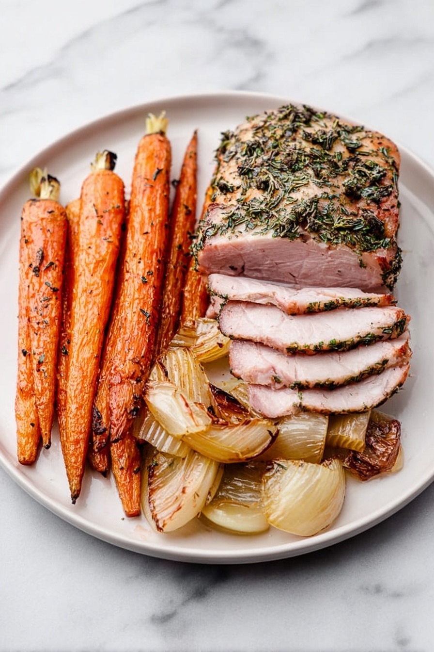 Herb-Roasted Italian Pork Loin, Italian pork loin, roasted pork recipes, herbed pork roast, juicy pork loin - A white plate on a white marbled surface holds a simple arrangement of food with three layers: the first layer is a row of orange roasted carrots on the left and right sides, showing some charring and slight wrinkles, the second layer is a few pieces of roasted light brown onion in the bottom right corner, and the third layer in the middle is several slices of thick, pale pink roasted meat covered with herbs on the outer edges, arranged in a slightly overlapping line from left to right. photo taken with an iphone --ar 2:3 --v 7