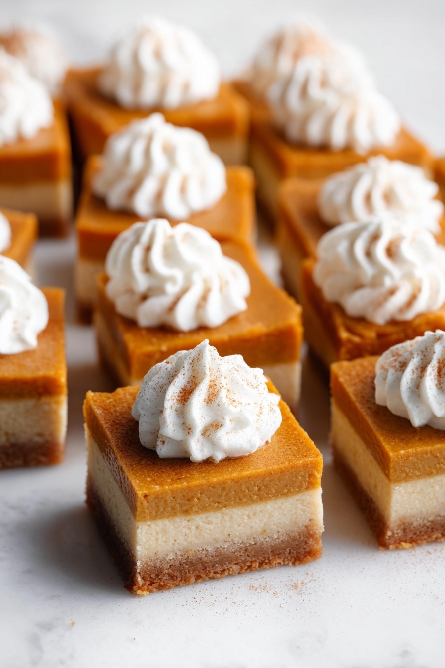 Pumpkin Pie Bars with Shortbread Crust, pumpkin pie bars, shortbread crust pumpkin dessert, easy pumpkin bars, fall holiday treats - The image shows small square layered pumpkin dessert bars arranged closely on a white marbled surface. Each bar has three clear layers from bottom to top: a light brown crust base, a pale creamy middle layer, and a thick orange pumpkin layer on top. A swirl of white whipped cream sits in the center of each bar, slightly raised with soft ridges, and is lightly dusted with a small amount of brown spice. The lighting is soft and bright, making the colors of the dessert warm and inviting. photo taken with an iphone --ar 2:3 --v 7