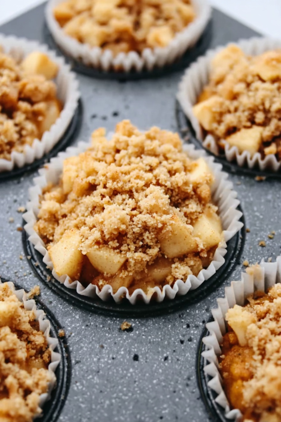 Apple Cheesecake Mini Cupcakes, fall dessert recipes, easy mini cupcake recipes, apple desserts, cheesecake cupcake recipes - The image shows a close-up of several small muffin cups filled with a diced apple mixture that looks soft and cooked, topped with a crumbly golden-brown streusel layer. Each muffin cup is lined with white paper and placed in a dark muffin tin, resting on a white marbled surface. The crumb topping looks crunchy and uneven, with some larger chunks scattered on top. The diced apples beneath are a warm light brown color with soft edges, giving a cozy baked look. Photo taken with an iphone --ar 2:3 --v 7