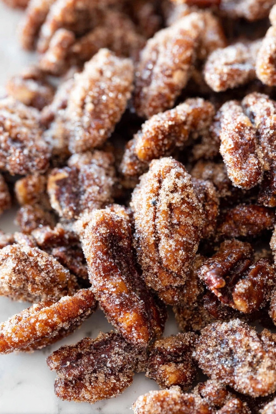 Cinnamon Sugar Pecans, cinnamon sugar pecans, homemade pecan snacks, crunchy sweet pecans, easy nut recipes - This image shows many small pieces of pecans covered with a crunchy cinnamon sugar coating. The nuts are dark brown with rough, uneven textures from the sugary spice mix. There are different sizes=
