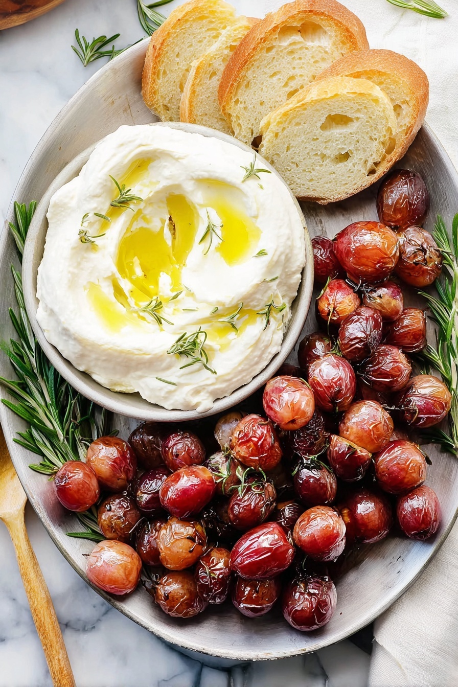 Balsamic Roasted Grapes with Whipped Feta, roasted grape appetizer, easy grape appetizer, savory feta dip, elegant party appetizer - A white metal plate holds two main parts side by side on a white marbled surface. On the left is a thick creamy white spread, swirled in a small mound with a drizzle of yellow oil and garnished with fresh green rosemary sprigs on top. To the right is a heaped pile of shiny roasted red and brown grapes, some slightly wrinkled, also garnished with fresh rosemary sprigs scattered over them. Slices of light brown bread are placed above the plate, with a wooden spoon resting nearby. Photo taken with an iphone --ar 2:3 --v 7