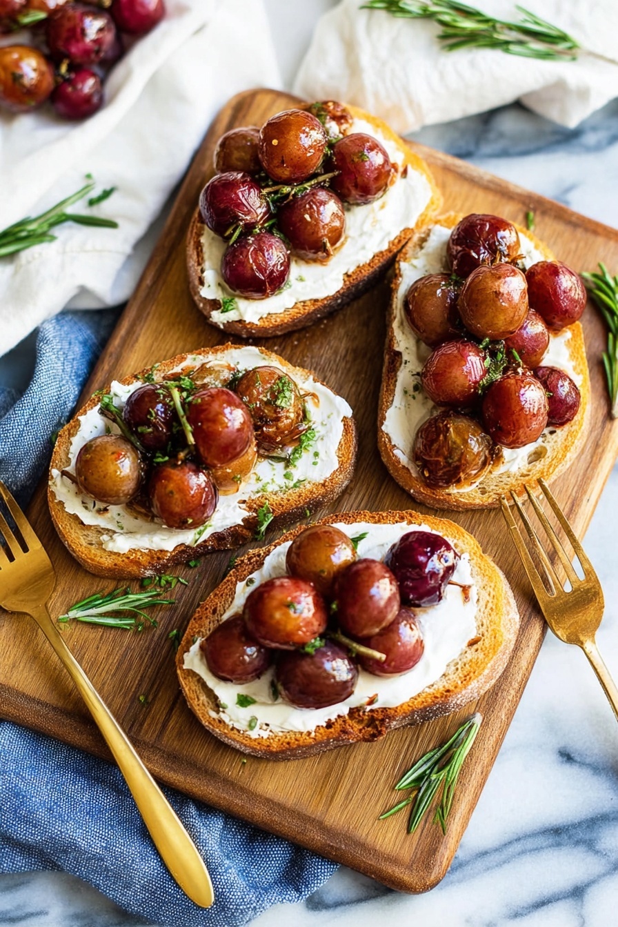 Balsamic Roasted Grapes with Whipped Feta, roasted grape appetizer, easy grape appetizer, savory feta dip, elegant party appetizer - Three slices of rustic brown bread lie on a wooden board, each topped with a smooth white cream layer spread thickly. On top of the cream, there are clusters of shiny roasted grapes in colors of deep red and brown, giving a glossy look. Small sprigs of green rosemary are scattered over the grapes and around the bread slices on the board. A golden fork rests to the side on the board. The board is set on a white marbled surface with a white cloth and a blue cloth underneath. Photo taken with an iphone --ar 2:3 --v 7