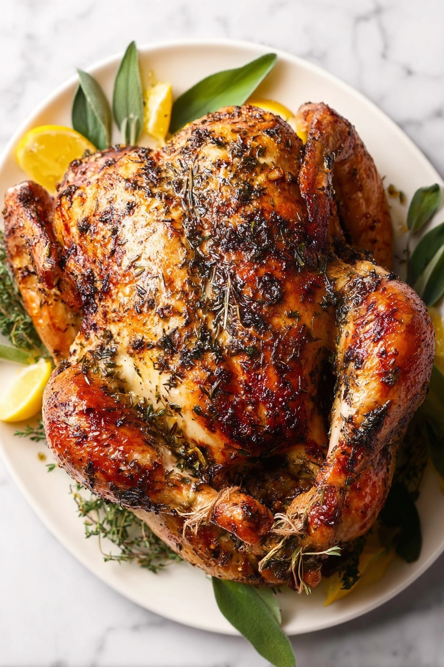 Herb Butter Roast Turkey, Herb Butter Turkey, Juicy Roast Turkey, Herbed Turkey Recipe, Holiday Turkey - A whole roasted chicken is placed on a white plate, with its golden-brown skin covered in dark herbs and spices. The chicken is positioned with its legs tied together at the top side and wings tucked close to the body. Around the chicken, bright green herb leaves and small yellow lemon slices create a fresh border along the edge of the plate. The white plate sits on a smooth white marbled surface, adding a clean backdrop to the rich colors of the roast and garnishes. photo taken with an iphone --ar 2:3 --v 7