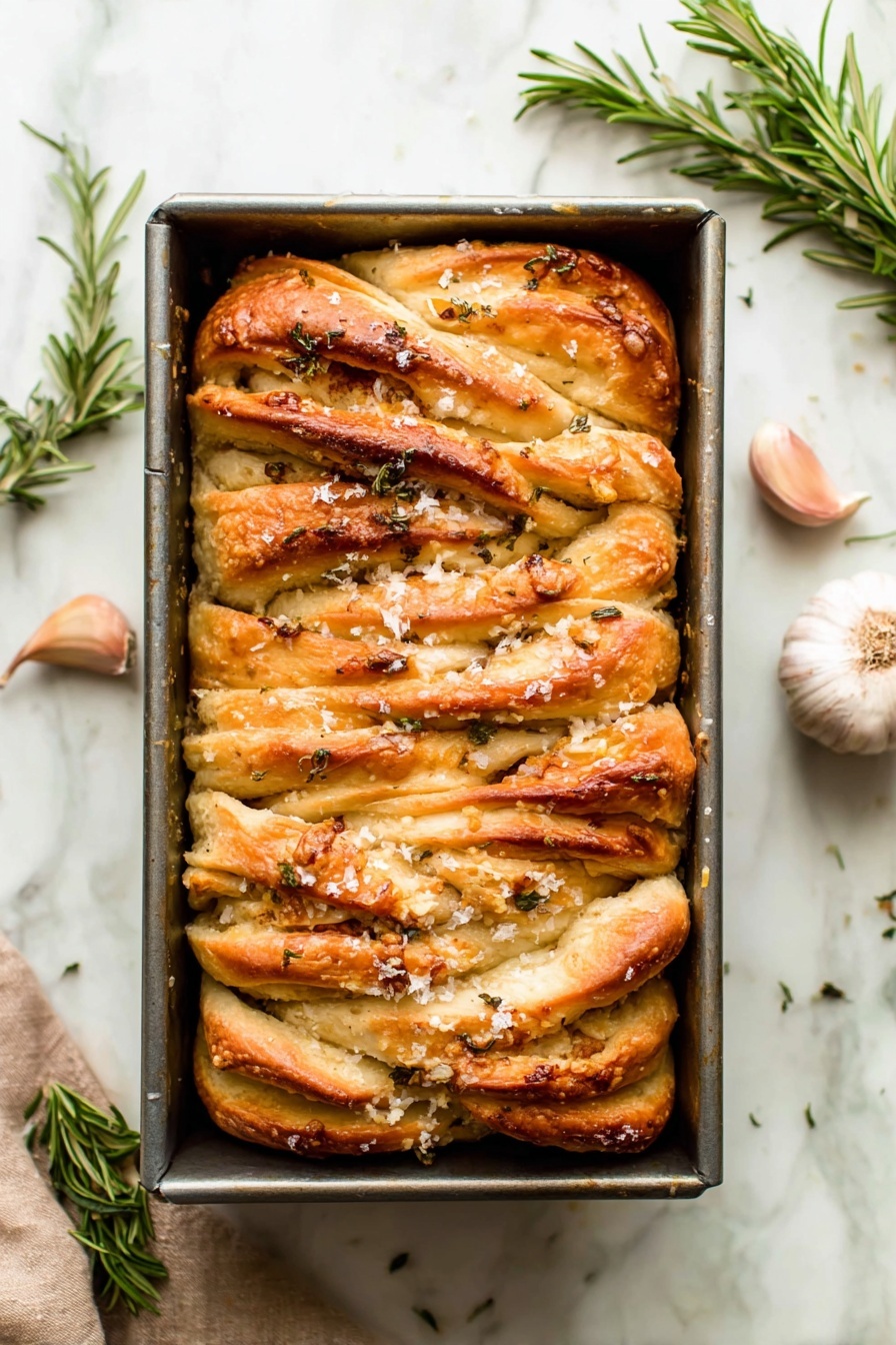 Rosemary Garlic Pull Apart Bread, cheesy pull apart bread, savory herb bread, homemade pull apart bread, garlic herb bread - The image shows a loaf of pull-apart bread in a rectangular metal baking tin placed on a white marbled surface. The bread has multiple layers and folds, each layer golden brown with soft, fluffy inner textures visible between. The top is sprinkled with coarse salt flakes and small pieces of rosemary, giving it a slightly rough texture and a natural, fresh look. Some layers have a slight shine while others show a matte finish with browned edges. Two garlic cloves and a sprig of rosemary are placed nearby, adding to the rustic feel of the scene. Photo taken with an iphone --ar 2:3 --v 7