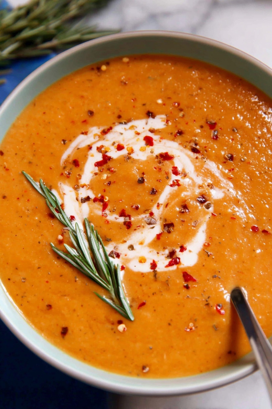 Creamy Roasted Vegetable Soup, roasted vegetable soup, easy healthy soup, veggie soup recipe, comforting vegetable soup - The image shows a bowl filled with thick orange soup that has a smooth, creamy texture. The soup is garnished with a swirl of white cream on top, and sprinkled with small red chili flakes. Two green sprigs of rosemary lay on one side, adding a fresh, natural touch. The soup is served in a white bowl that sits on a white marbled surface, and a spoon with some soup on it rests at the edge of the bowl. photo taken with an iphone --ar 2:3 --v 7