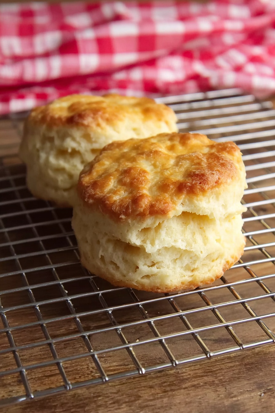 Homemade Angel Biscuits, flaky breakfast biscuits, buttery homemade biscuits, easy angel biscuit recipe, soft Southern biscuits - Two biscuits with a golden brown top and a soft, fluffy light yellow inside sit on a silver cooling rack. The cooling rack rests on a wooden surface, with a red and white checkered cloth blurred in the background. The biscuits are round with slightly uneven edges, showing a delicate, crumbly texture. photo taken with an iphone --ar 2:3 --v 7