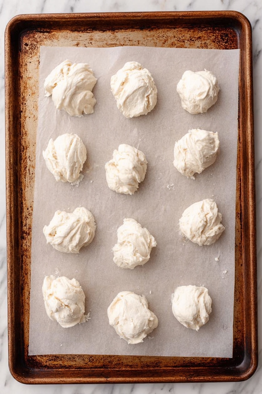 Old-Fashioned Divinity Candy, classic holiday candy, homemade divinity, fluffy candy recipe, nostalgic candy treats - This image shows a baking tray with twelve dollops of white dough placed evenly on a sheet of parchment paper. Each dollop is irregular in shape with a soft, creamy texture and slight peaks. The tray's surface has a worn, rustic brown color with visible scratches and marks. The background is a white marbled surface. photo taken with an iphone --ar 2:3 --v 7